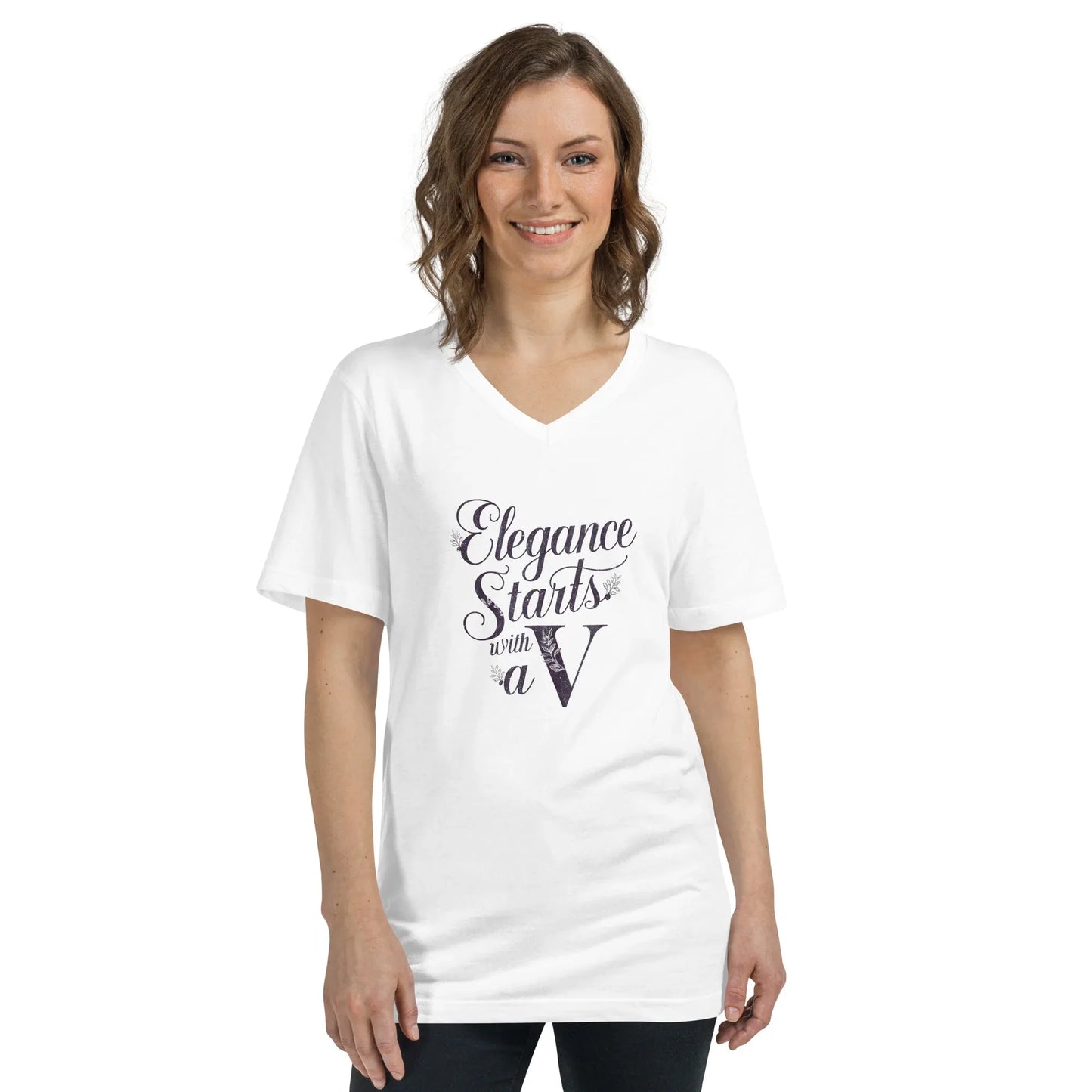 Women's Short Sleeve V-Neck T-Shirt | Elegance Start With A V - AwRans Clothing