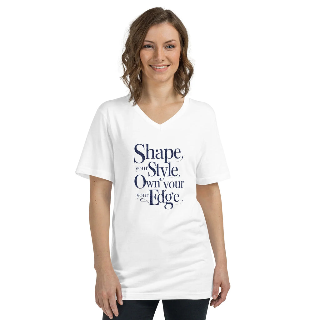 Women's Short Sleeve V-Neck T-Shirt | Shape Your Style,Own Your Edge 2XL V-Neck T-Shirt AwRans Clothing unisex-v-neck-tee-white-front-67a26109256d1