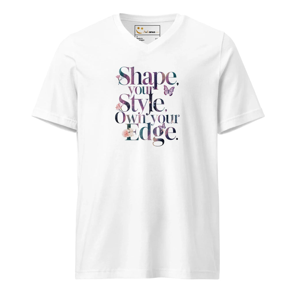 Women's Short Sleeve V-Neck T-Shirt | Shape Your Style,Own Your Edge V-Neck T-Shirt AwRans Clothing unisex-v-neck-tee-white-front-67a2612e1a476