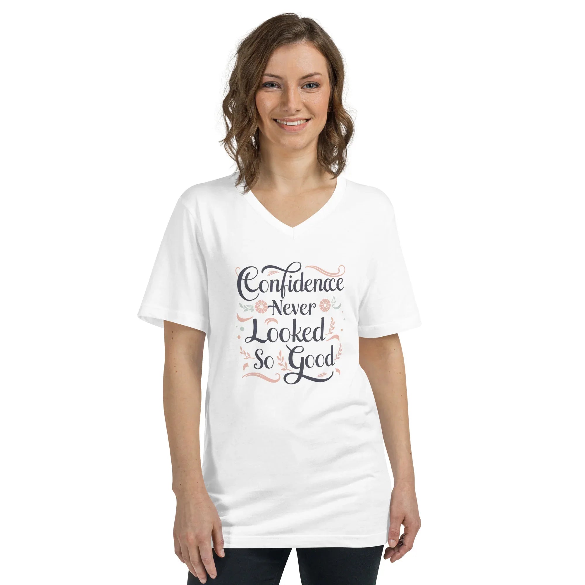 Women's Short Sleeve V-Neck T-Shirt | Confidence Never Looked So Good 2XL V-Neck T-Shirt AwRans Clothing unisex-v-neck-tee-white-front-67a26152ea123