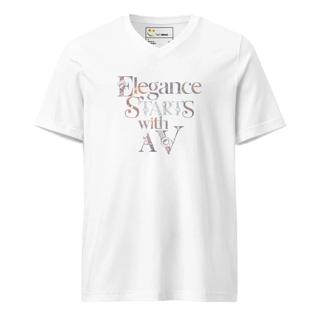 Women's Short Sleeve V-Neck T-Shirt | Elegance Start With A V V-Neck T-Shirt AwRans Clothing unisex-v-neck-tee-white-front-67a2617637f3d