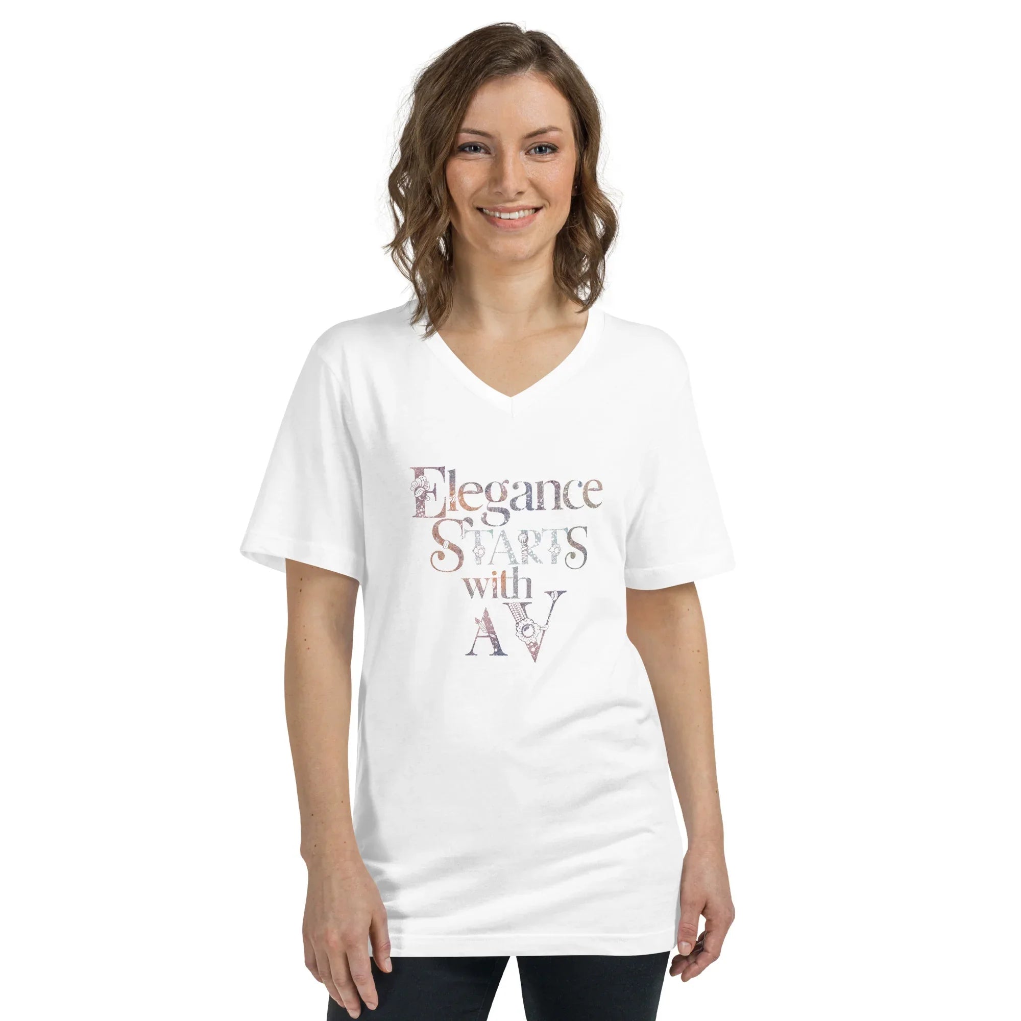 Women's Short Sleeve V-Neck T-Shirt | Elegance Start With A V White V-Neck T-Shirt AwRans Clothing unisex-v-neck-tee-white-front-67a261763a35a