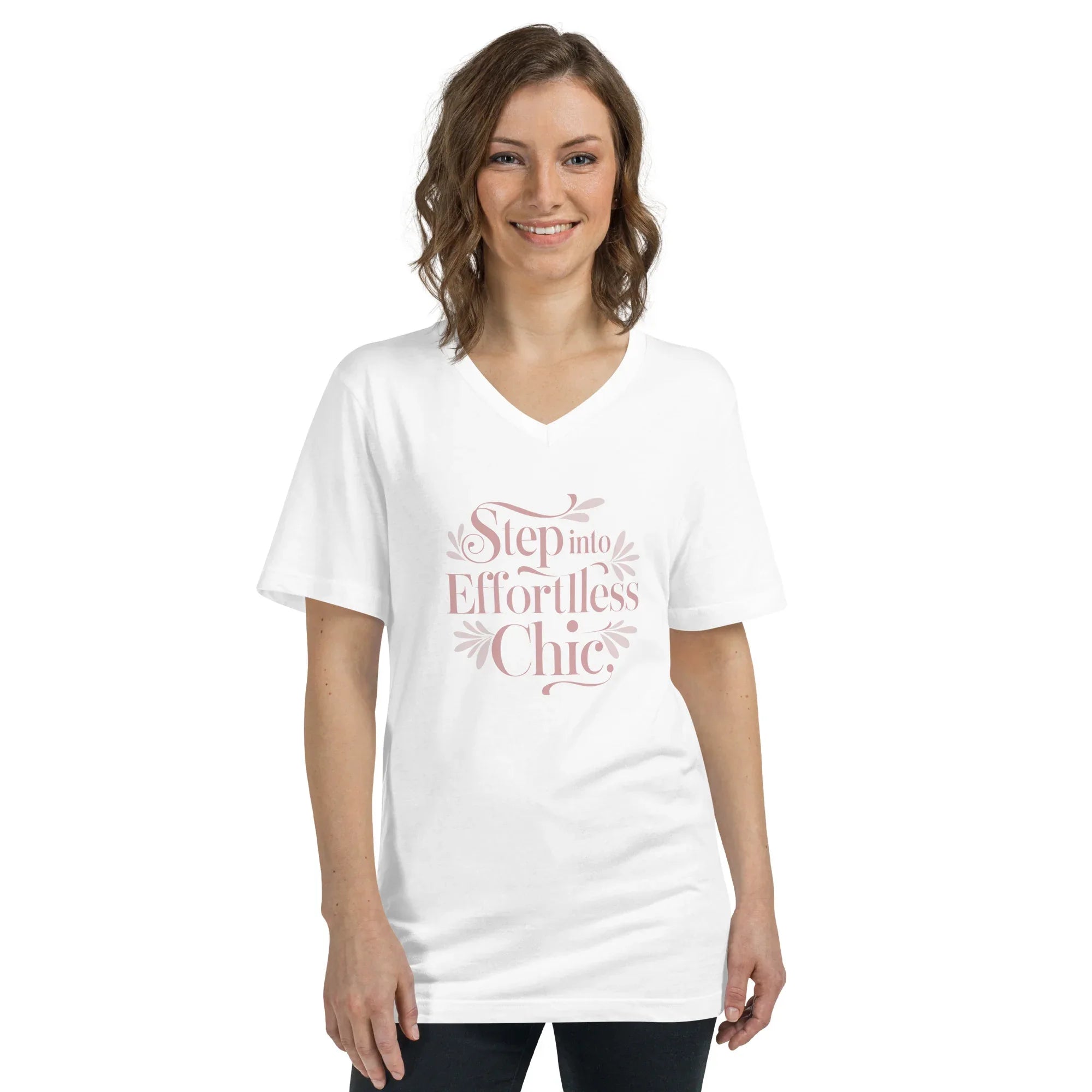 Women's Short Sleeve V-Neck T-Shirt | Step Into Effortless Chic White V-Neck T-Shirt AwRans Clothing unisex-v-neck-tee-white-front-67a261b84ca93
