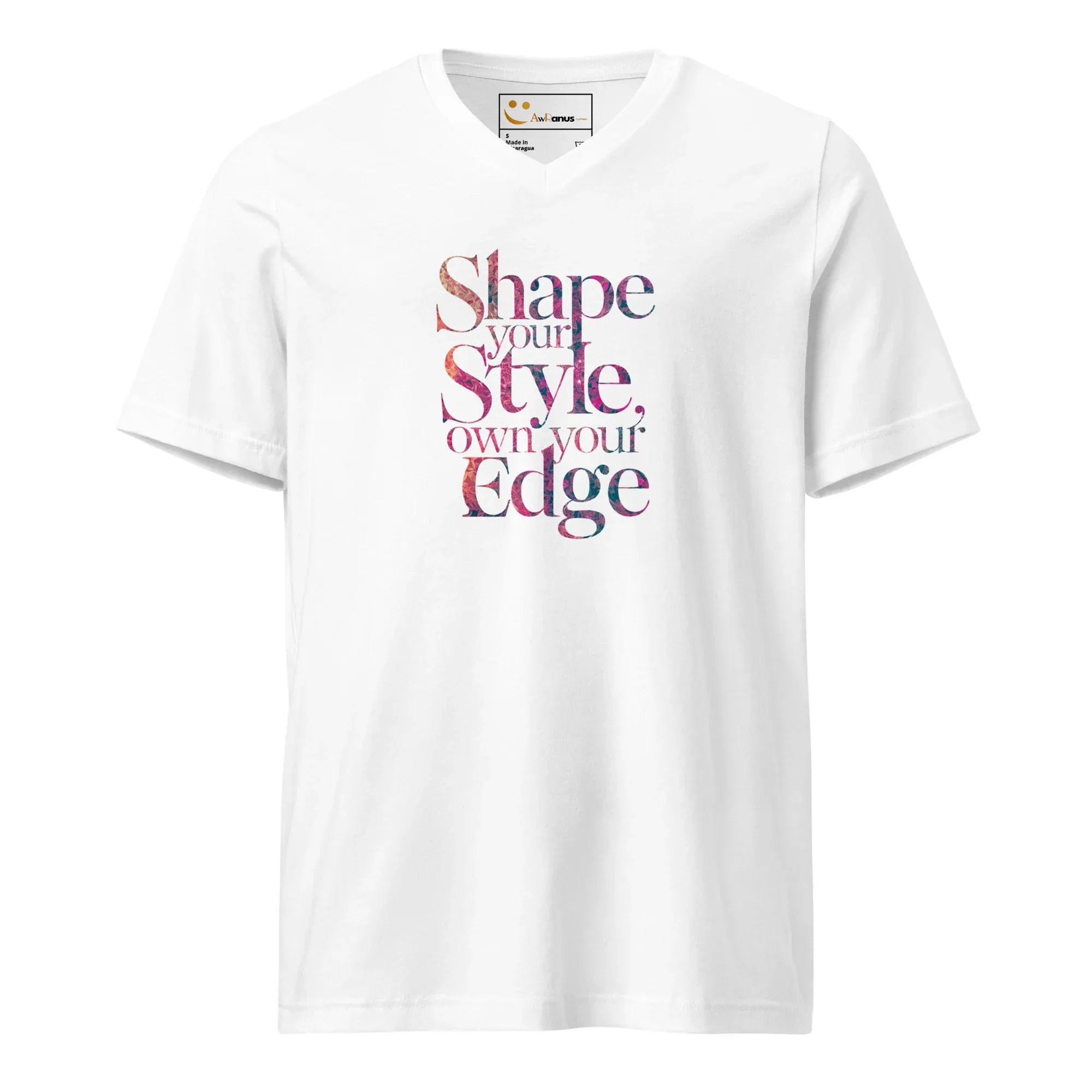 Women's Short Sleeve V-Neck T-Shirt | Shape Your Style,Own Your Edge V-Neck T-Shirt AwRans Clothing unisex-v-neck-tee-white-front-67a26249052db