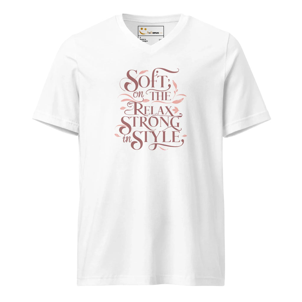 Women's Short Sleeve V-Neck T-Shirt | Soft On The Relax Strong In Style V-Neck T-Shirt AwRans Clothing unisex-v-neck-tee-white-front-67a262a5afa94