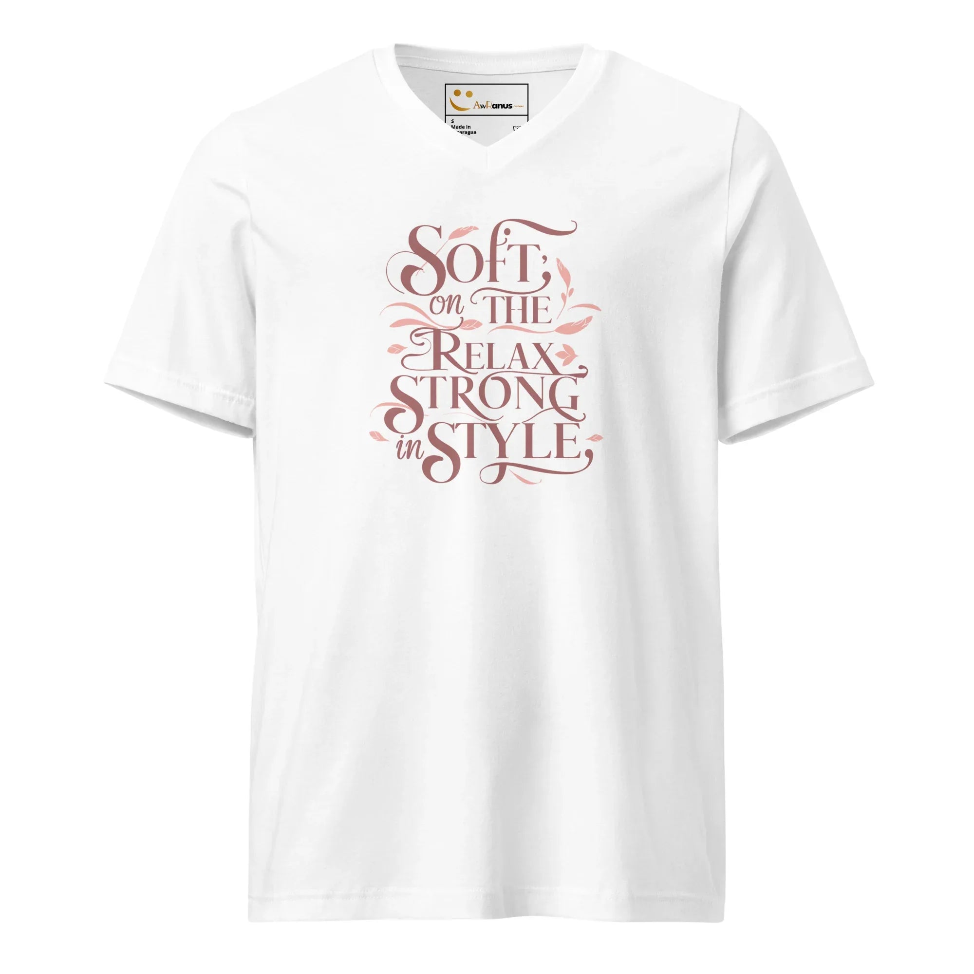 Women's Short Sleeve V-Neck T-Shirt | Soft On The Relax Strong In Style V-Neck T-Shirt AwRans Clothing unisex-v-neck-tee-white-front-67a262a5afa94
