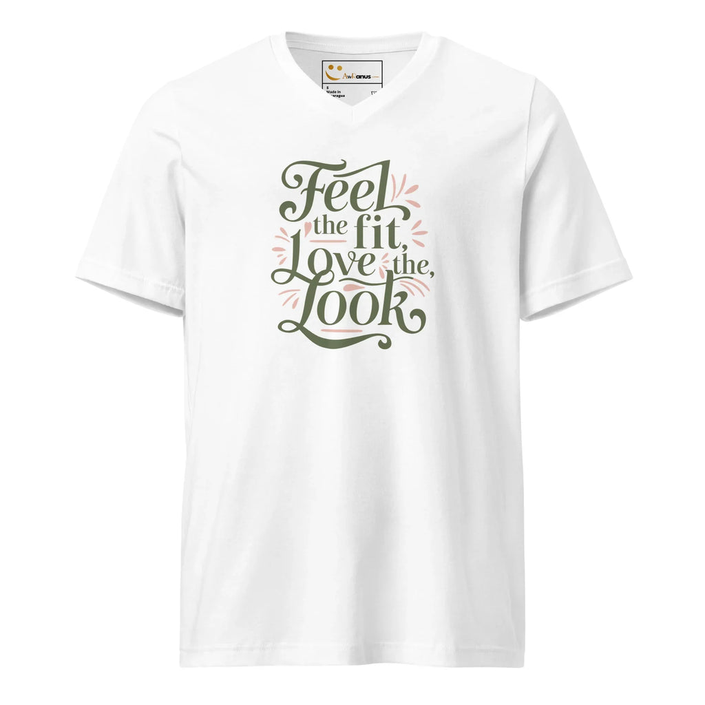 Women's Short Sleeve V-Neck T-Shirt | Feel The Fit Love The Look V-Neck T-Shirt AwRans Clothing unisex-v-neck-tee-white-front-67a26368795fb