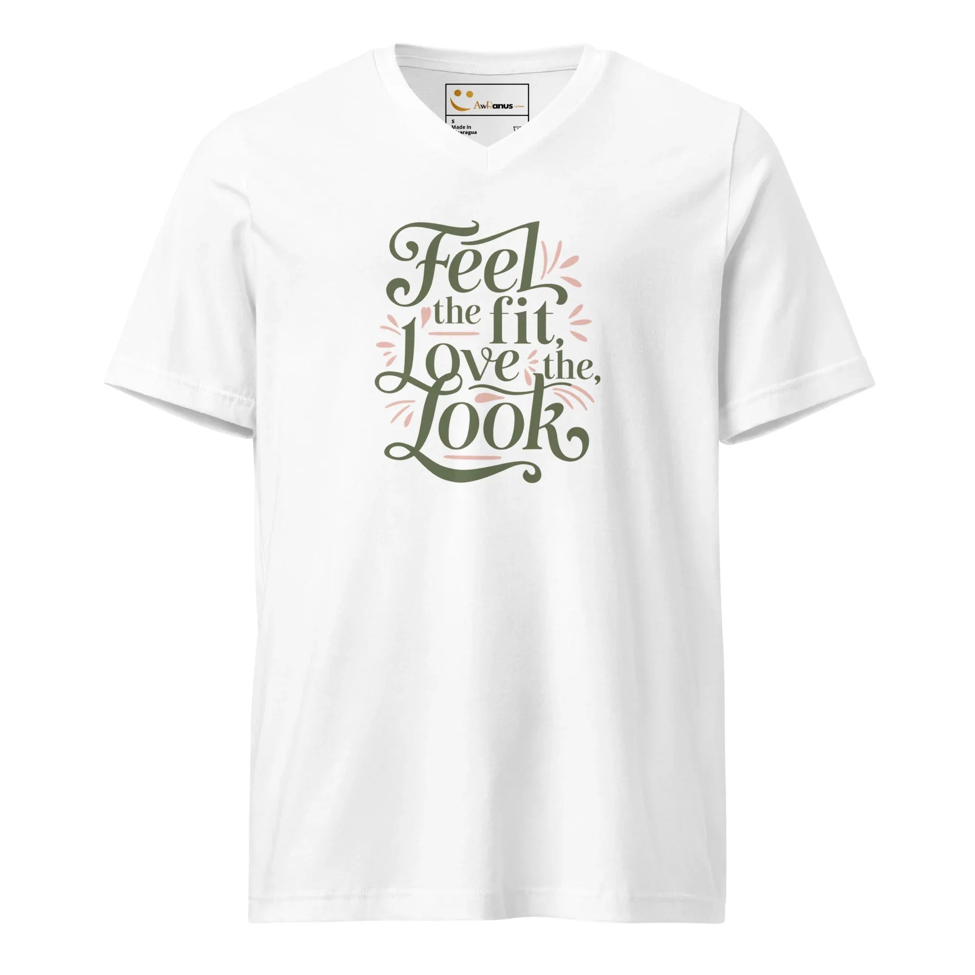 Women's Short Sleeve V-Neck T-Shirt | Feel The Fit Love The Look V-Neck T-Shirt AwRans Clothing unisex-v-neck-tee-white-front-67a26368795fb