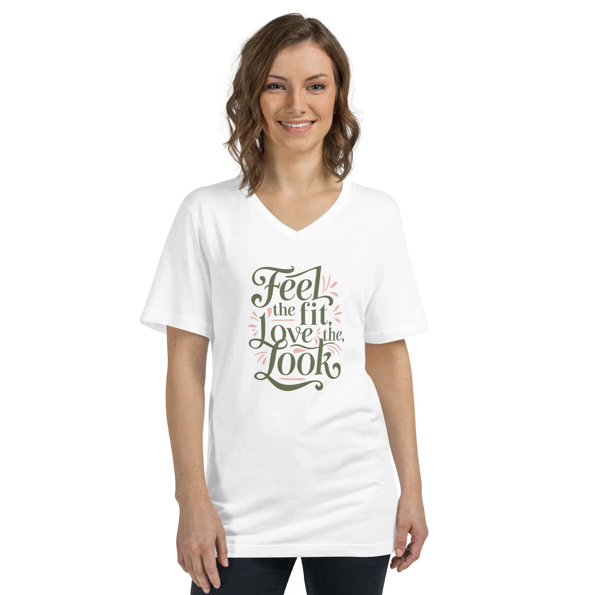 Women's Short Sleeve V-Neck T-Shirt | Feel The Fit Love The Look White V-Neck T-Shirt AwRans Clothing unisex-v-neck-tee-white-front-67a263687b617