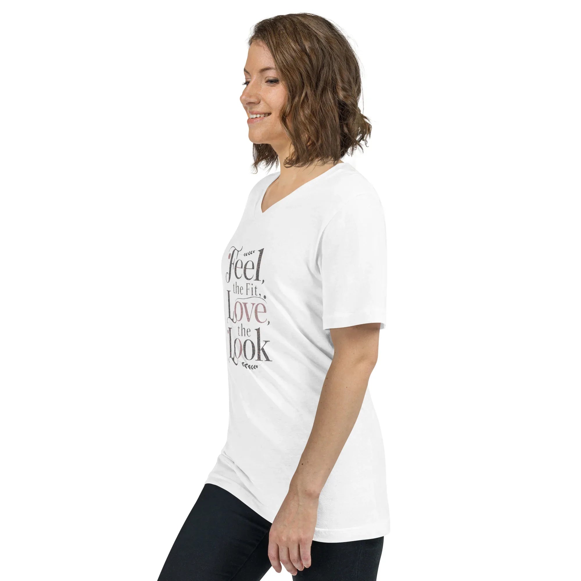 Women's Short Sleeve V-Neck T-Shirt | Feel The Fit Love The Look V-Neck T-Shirt AwRans Clothing unisex-v-neck-tee-white-left-front-67a182803435a
