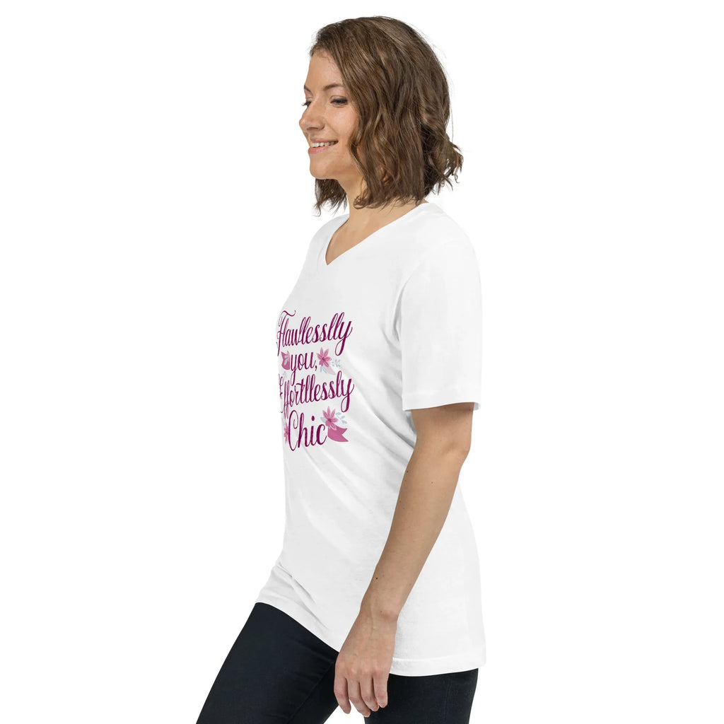 Women's Short Sleeve V-Neck T-Shirt | Flawlessly You,Effortlessly Chic V-Neck T-Shirt AwRans Clothing unisex-v-neck-tee-white-left-front-67a182c8bdcfc