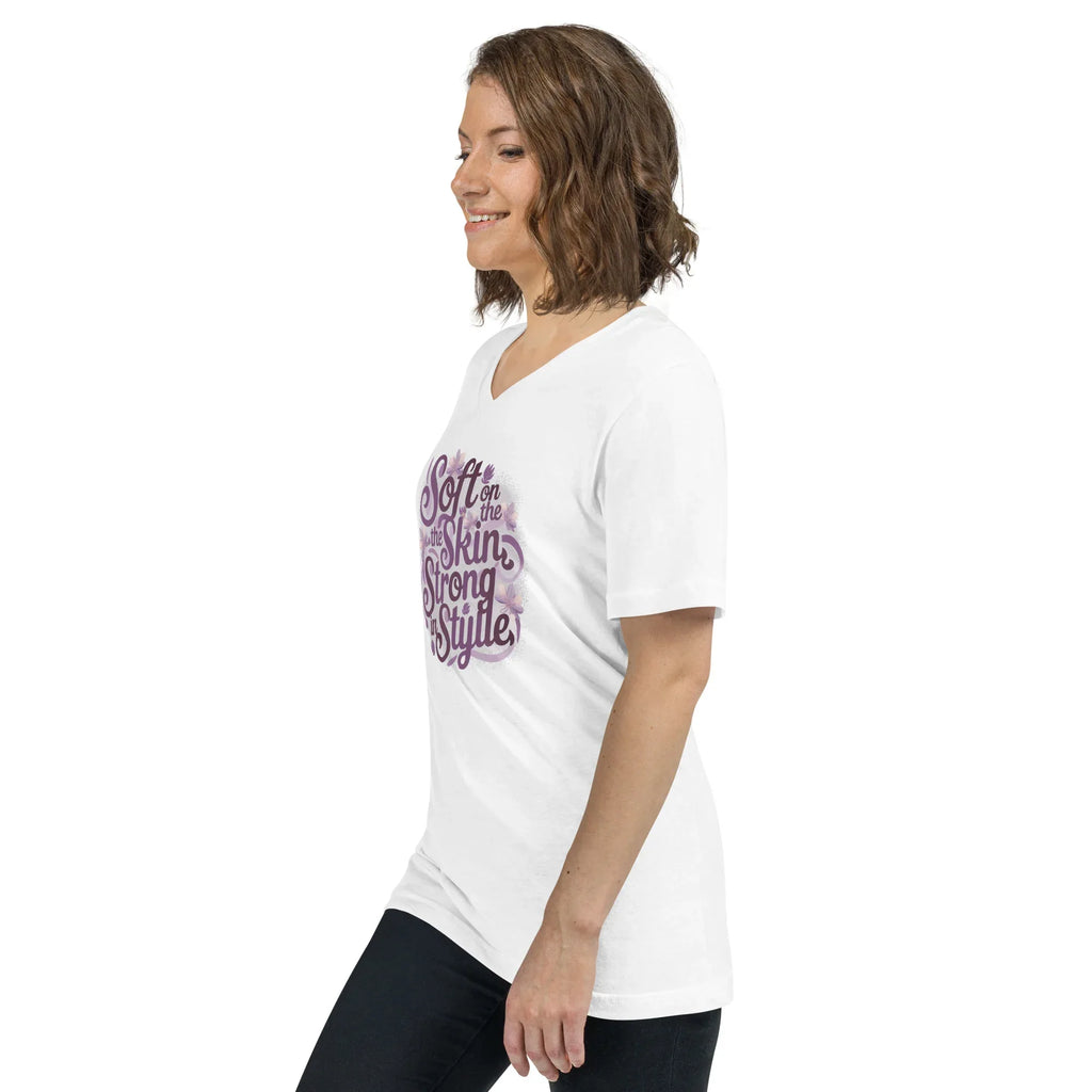 Women's Short Sleeve V-Neck T-Shirt | Soft On The Skin Strong On Style V-Neck T-Shirt AwRans Clothing unisex-v-neck-tee-white-left-front-67a22265229b0