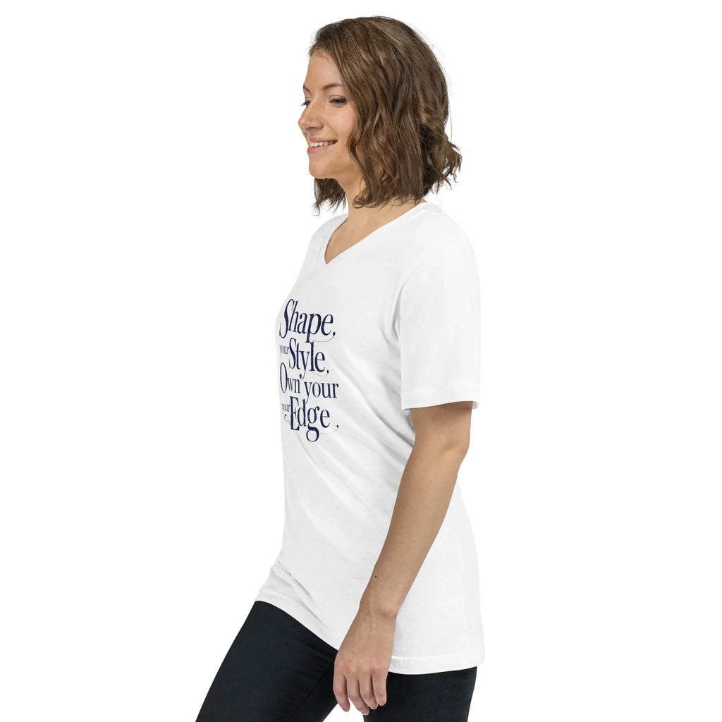Women's Short Sleeve V-Neck T-Shirt | Shape Your Style,Own Your Edge V-Neck T-Shirt AwRans Clothing unisex-v-neck-tee-white-left-front-67a2610926940
