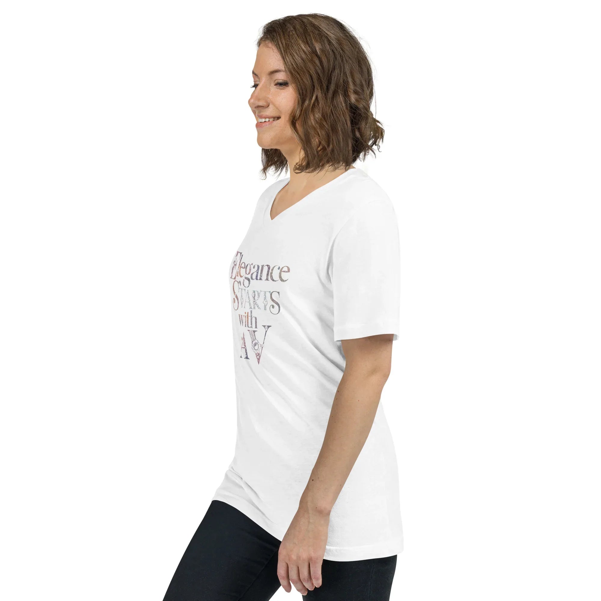 Women's Short Sleeve V-Neck T-Shirt | Elegance Start With A V V-Neck T-Shirt AwRans Clothing unisex-v-neck-tee-white-left-front-67a261763ac6c
