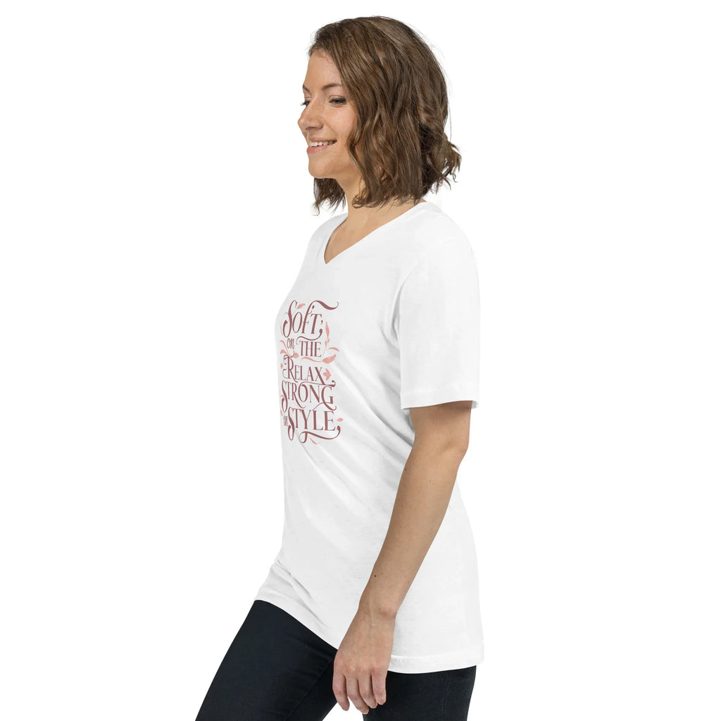 Women's Short Sleeve V-Neck T-Shirt | Soft On The Relax Strong In Style V-Neck T-Shirt AwRans Clothing unisex-v-neck-tee-white-left-front-67a262a5b2e92