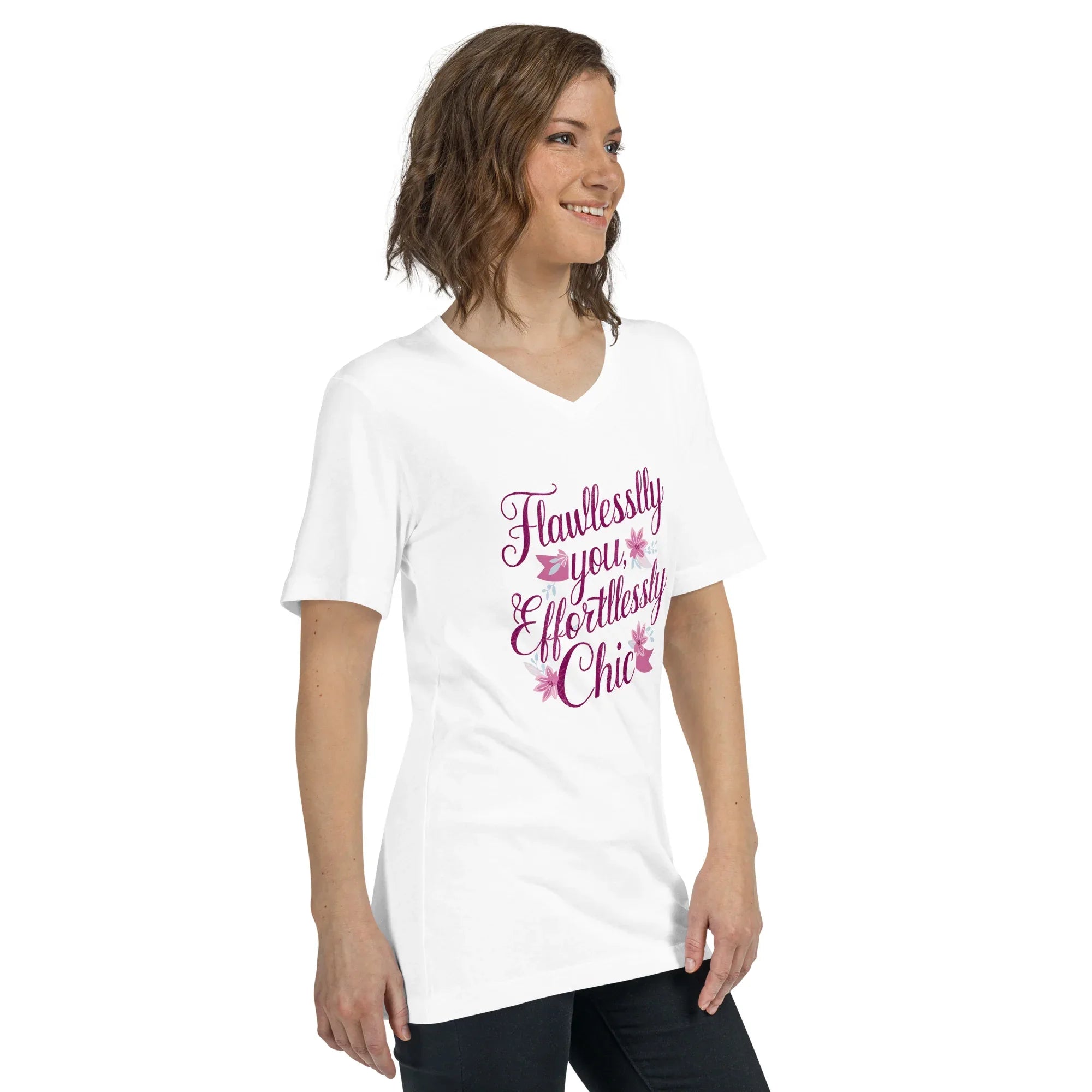 Women's Short Sleeve V-Neck T-Shirt | Flawlessly You,Effortlessly Chic V-Neck T-Shirt AwRans Clothing unisex-v-neck-tee-white-right-front-67a182c8be628