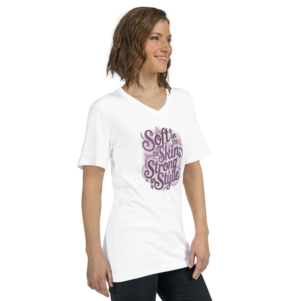 Women's Short Sleeve V-Neck T-Shirt | Soft On The Skin Strong On Style V-Neck T-Shirt AwRans Clothing unisex-v-neck-tee-white-right-front-67a2226523421
