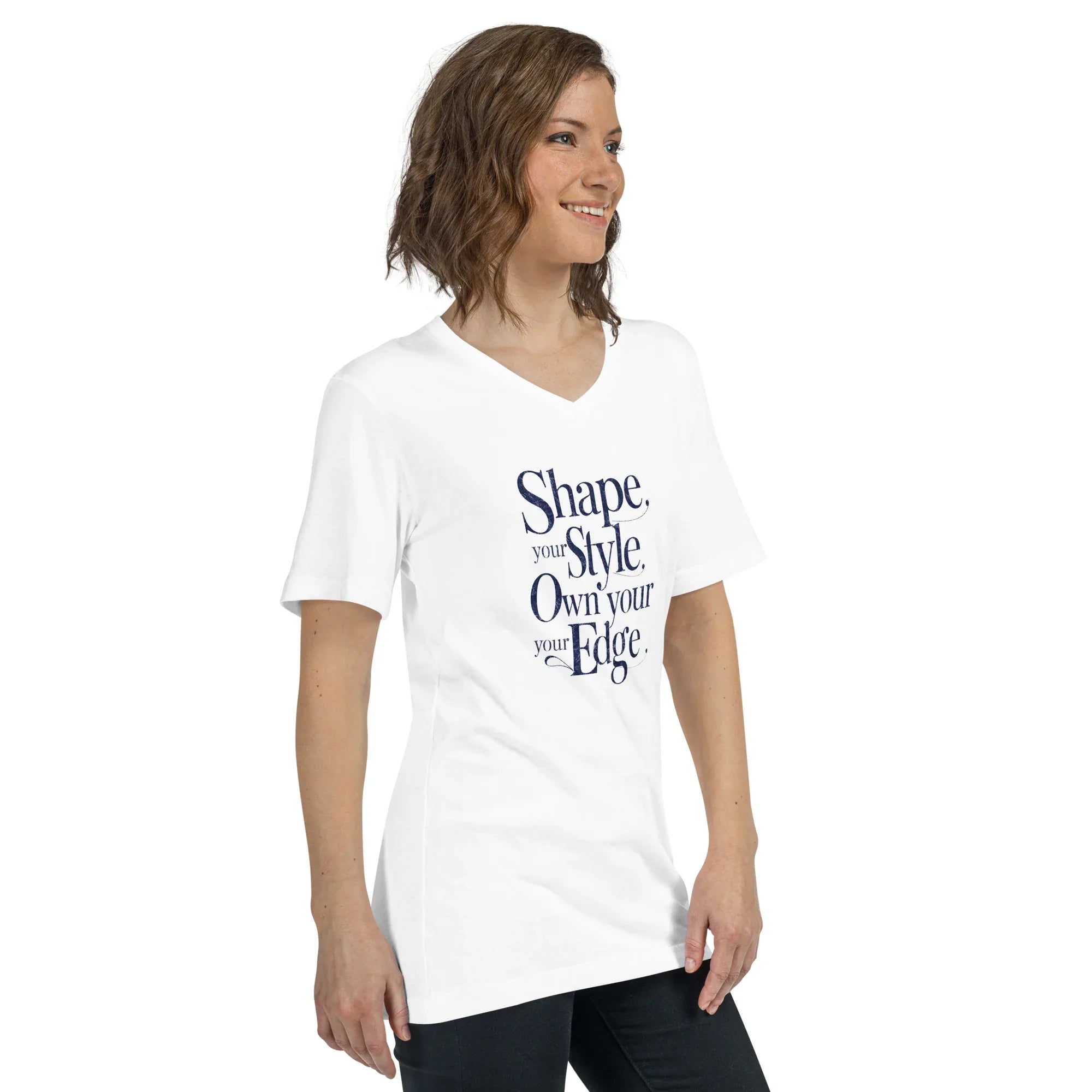 Women's Short Sleeve V-Neck T-Shirt | Shape Your Style,Own Your Edge V-Neck T-Shirt AwRans Clothing unisex-v-neck-tee-white-right-front-67a2610926f9b