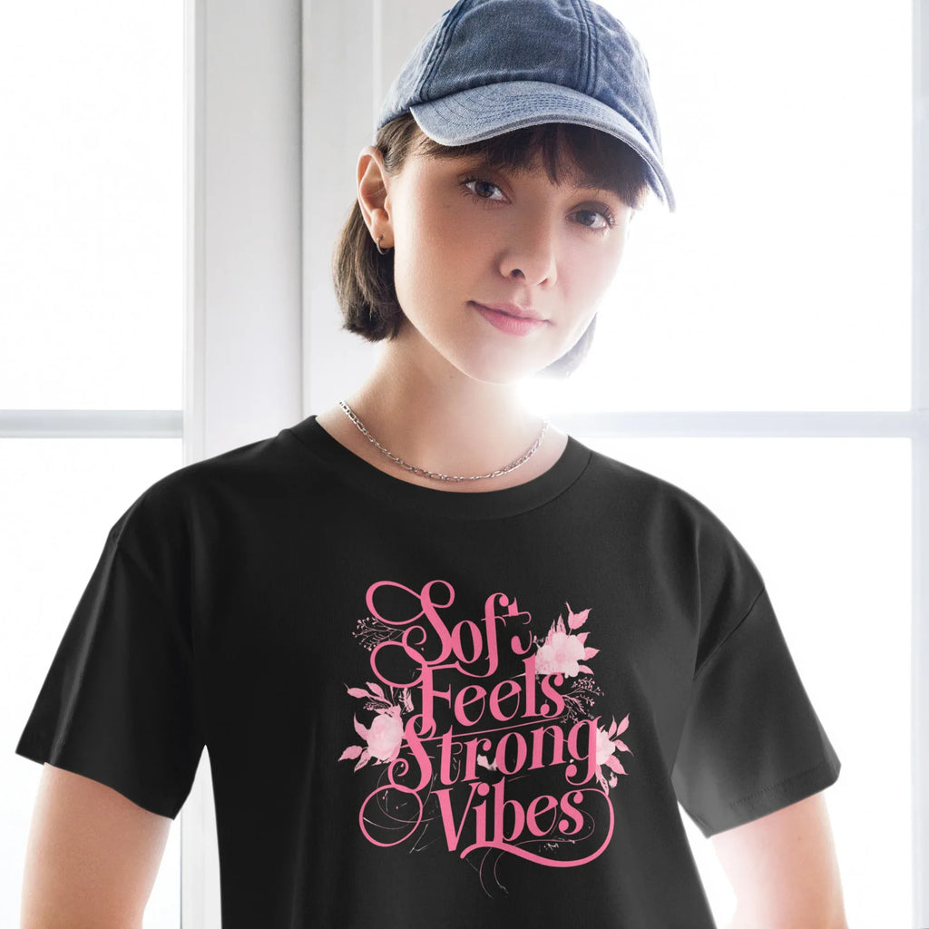 Women’s Crop Top | Soft Feels,Strong Vibes Crop Tops AwRans Clothing womens-crop-top-black-front-67be179696e98