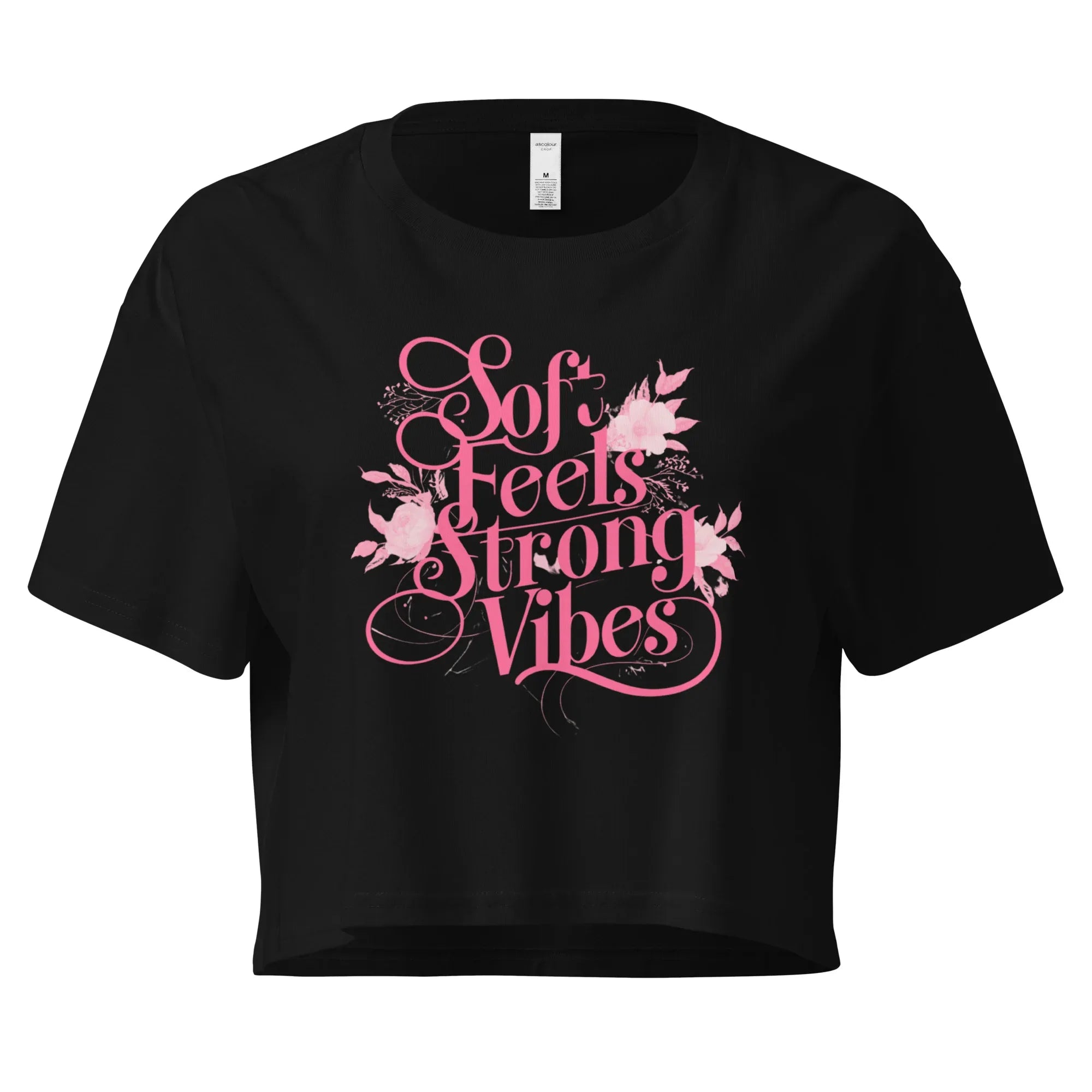 Women’s Crop Top | Soft Feels,Strong Vibes Crop Tops AwRans Clothing womens-crop-top-black-front-67be179696fdf
