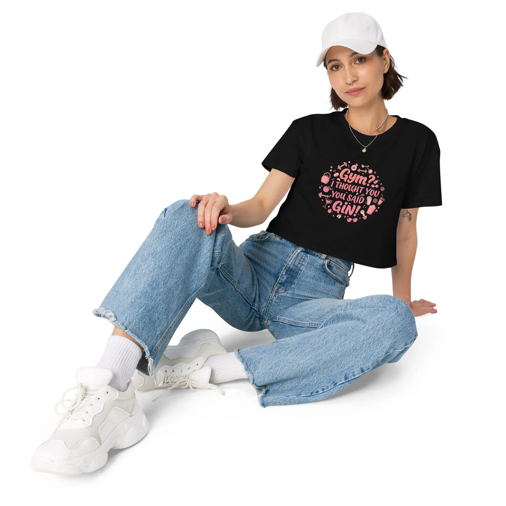 Women’s Crop Top | Gym? I Thought You Said Gin! Crop Tops AwRans Clothing womens-crop-top-black-front-67c0cb4f73a0f