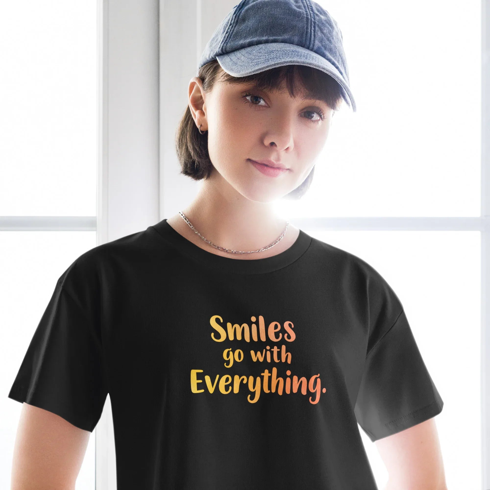 Women’s Crop Top | Smiles Go With Everything. Crop Tops AwRans Clothing womens-crop-top-black-front-67c0d4879ea41