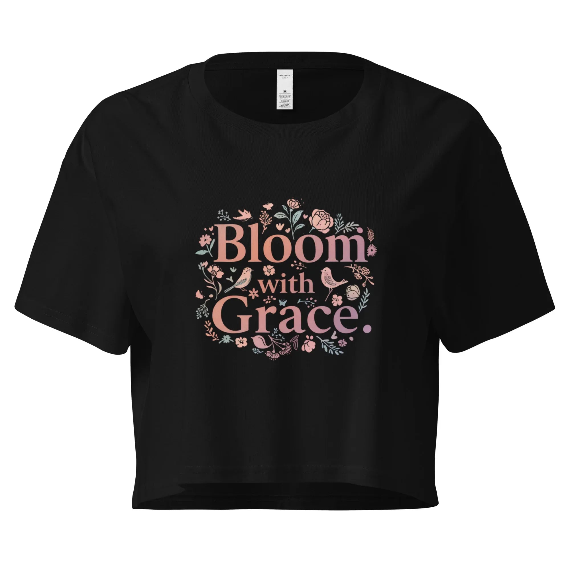 Women’s Crop Top | Bloom With Grace Black Crop Tops AwRans Clothing womens-crop-top-black-front-67c0d675f3a79