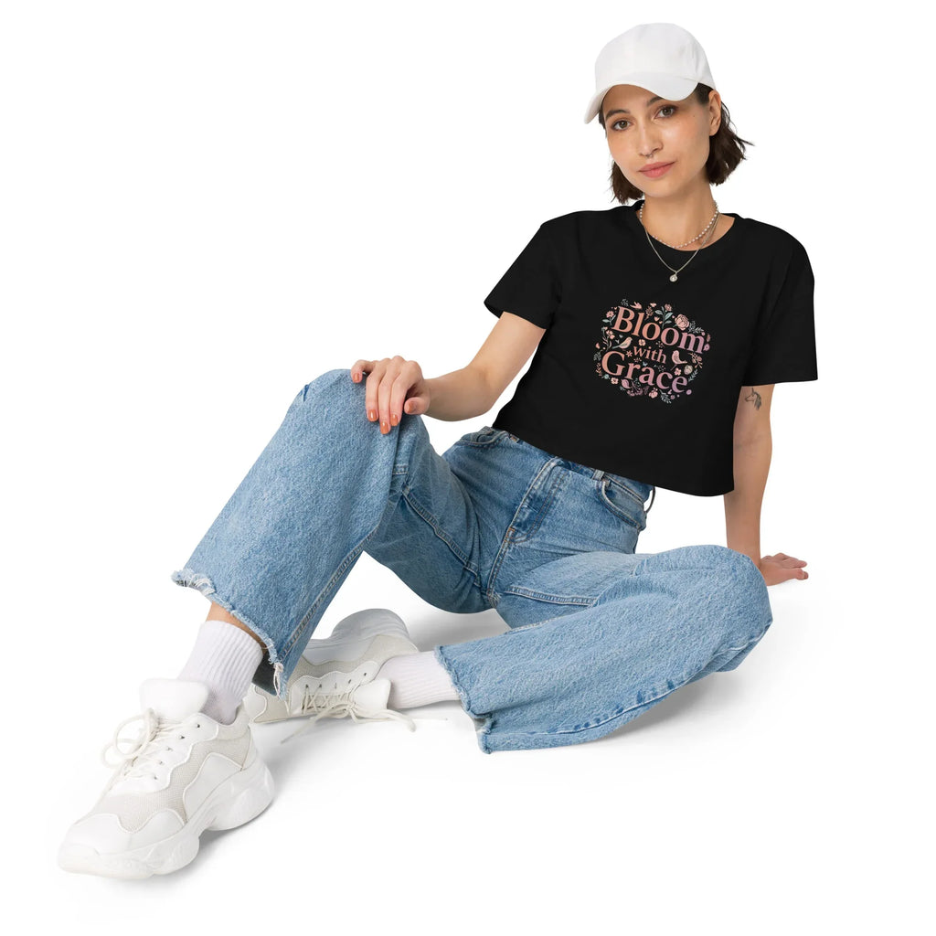 Women’s Crop Top | Bloom With Grace Crop Tops AwRans Clothing womens-crop-top-black-front-67c0d676007e4