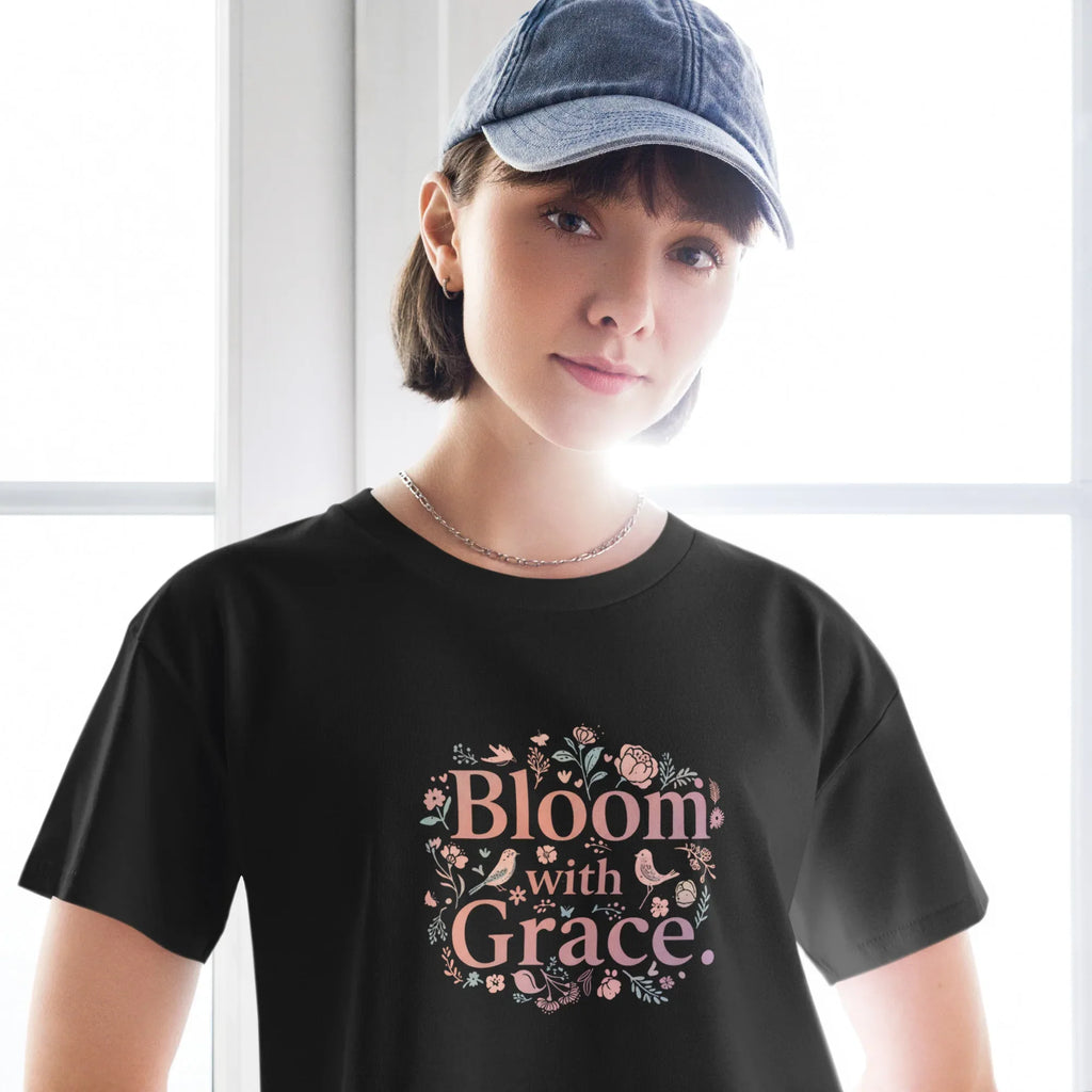 Women’s Crop Top | Bloom With Grace Crop Tops AwRans Clothing womens-crop-top-black-front-67c0d67600aa7