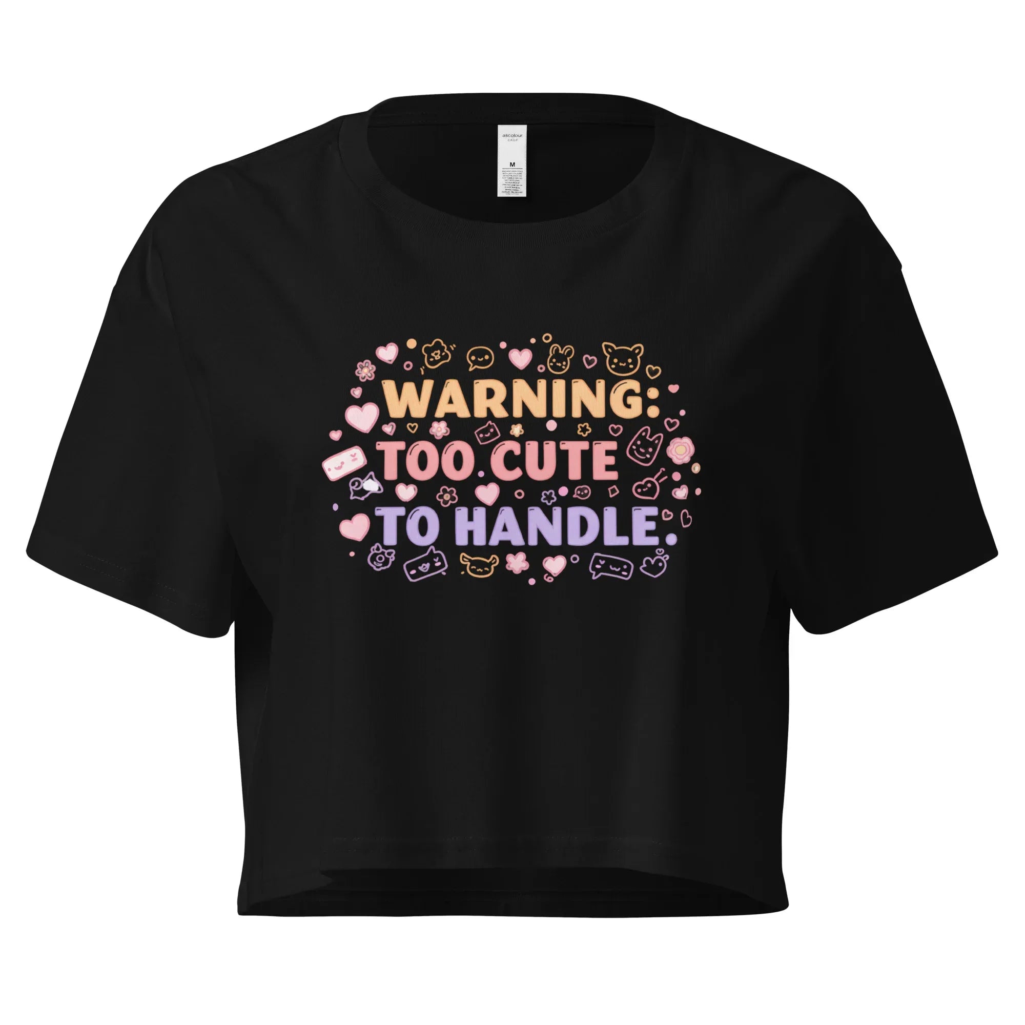 Women’s Crop Top | Warning: Too Cute To Handle Black Crop Tops AwRans Clothing womens-crop-top-black-front-67c0d7da8e190
