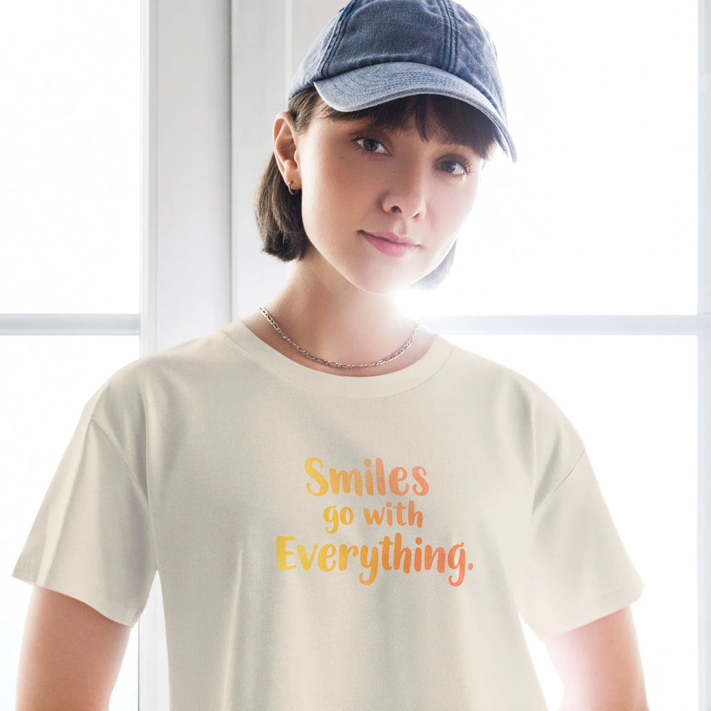 Women’s Crop Top | Smiles Go With Everything. Crop Tops AwRans Clothing womens-crop-top-bone-front-67c0d487a3c80