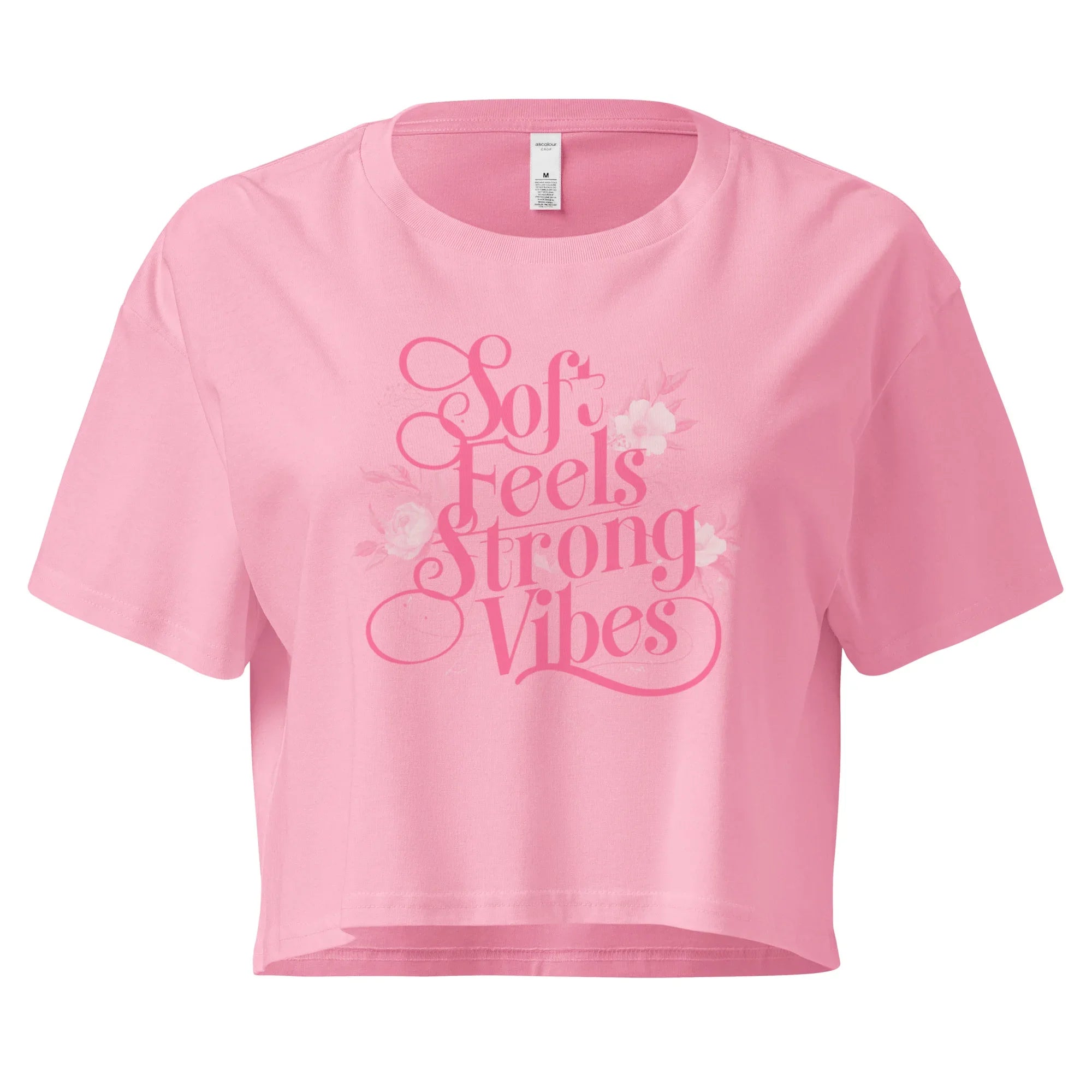 Women’s Crop Top | Soft Feels,Strong Vibes Crop Tops AwRans Clothing womens-crop-top-bubblegum-front-67be179698594