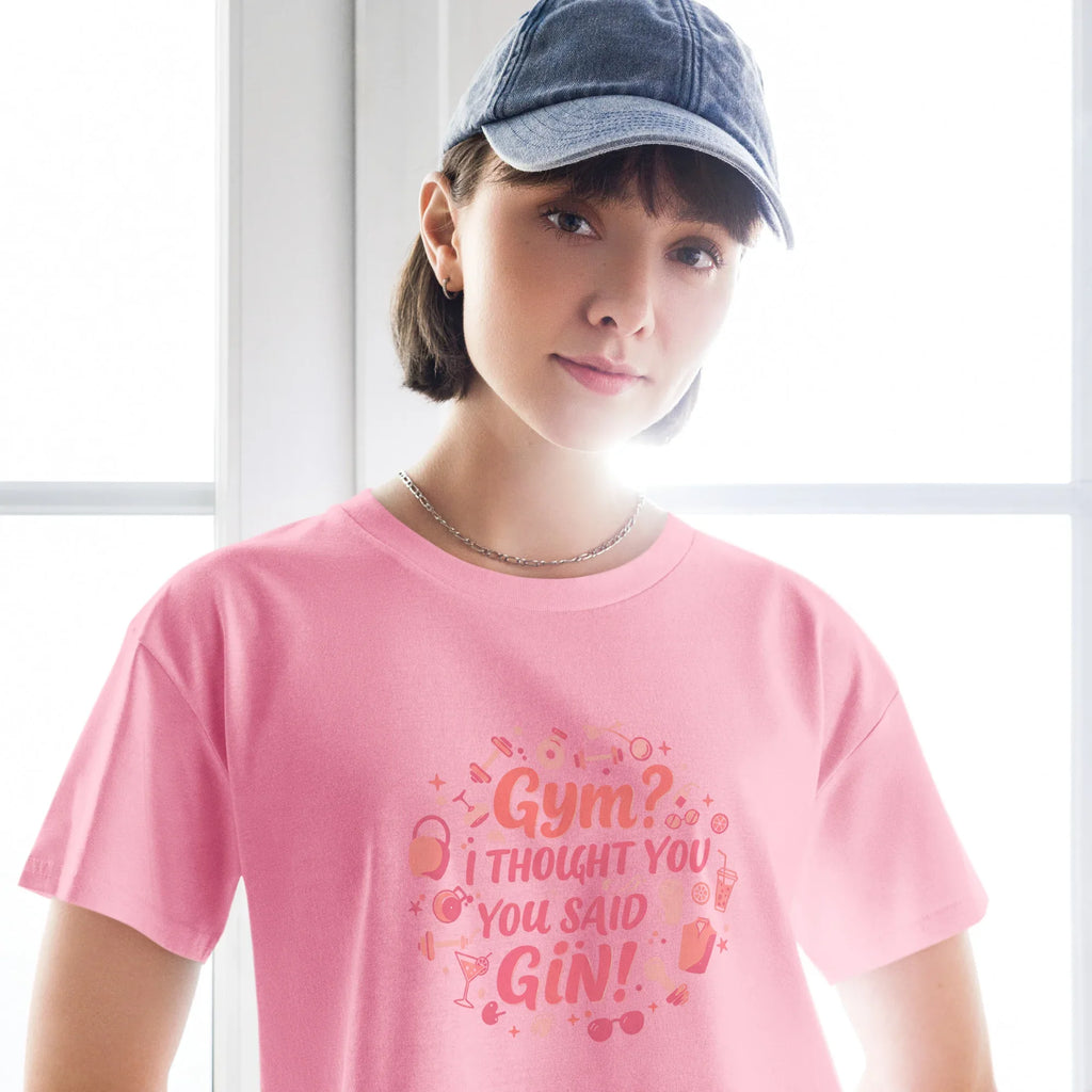 Women’s Crop Top | Gym? I Thought You Said Gin! Crop Tops AwRans Clothing womens-crop-top-bubblegum-front-67c0cb4f7596e