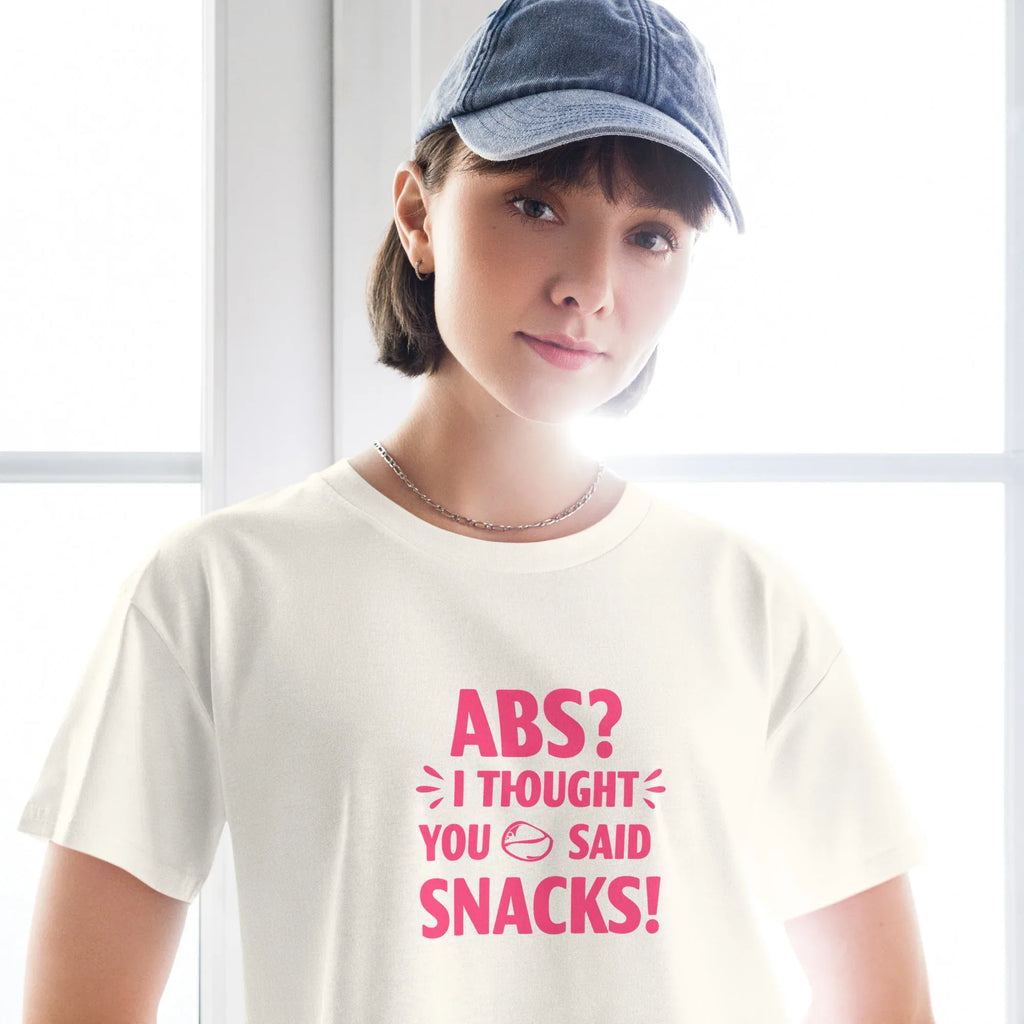 Women’s Crop Top | ABS? I Thought You Said Snacks! Crop Tops AwRans Clothing womens-crop-top-ecru-front-67c0ccc7ebc2d