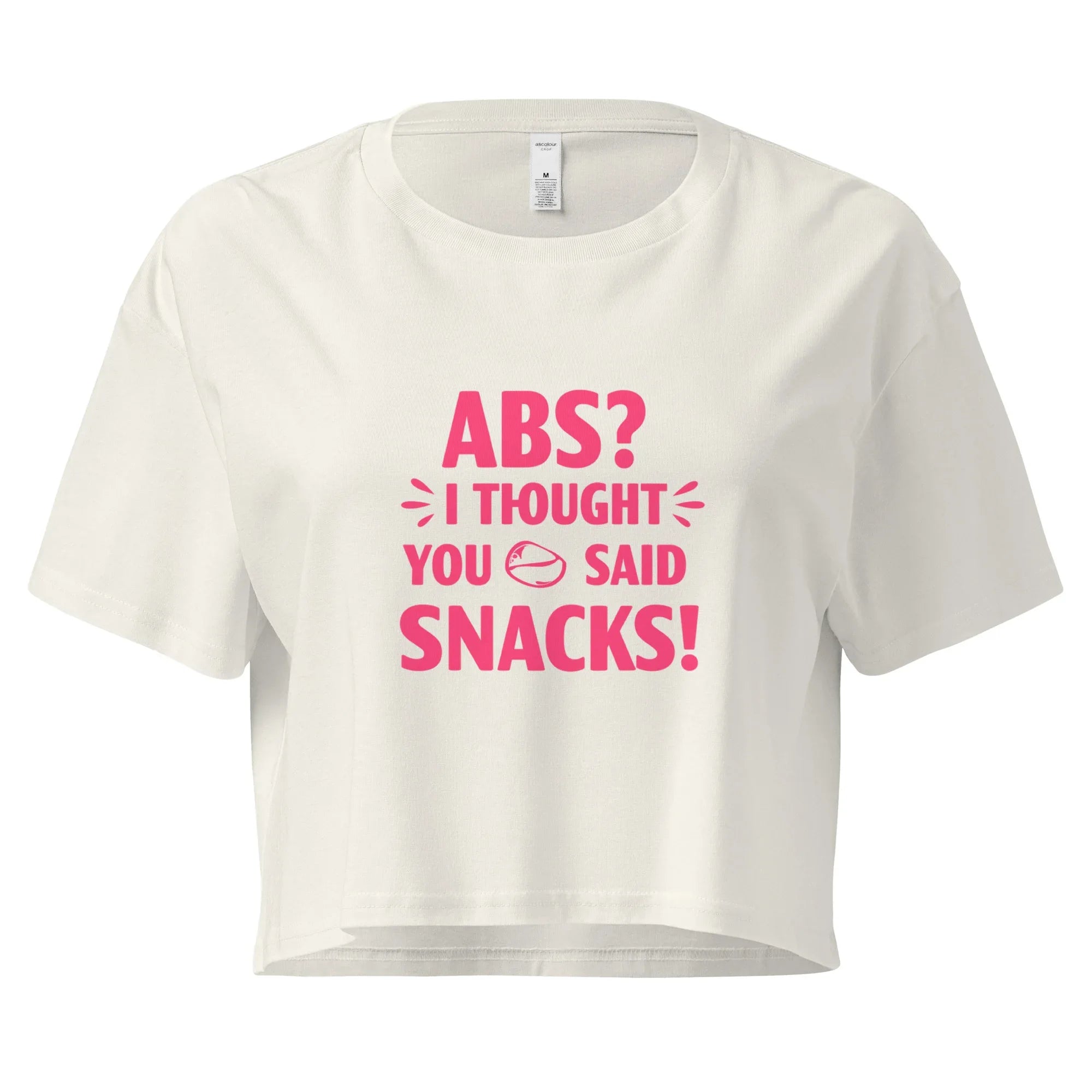 Women’s Crop Top | ABS? I Thought You Said Snacks! Ecru Crop Tops AwRans Clothing womens-crop-top-ecru-front-67c0ccc8028c4