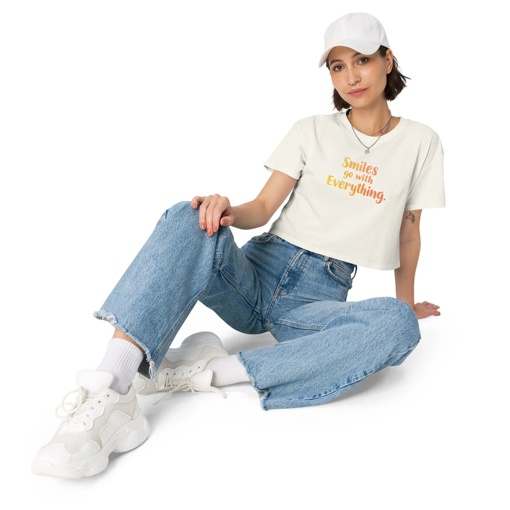 Women’s Crop Top | Smiles Go With Everything. Crop Tops AwRans Clothing womens-crop-top-ecru-front-67c0d487a8334