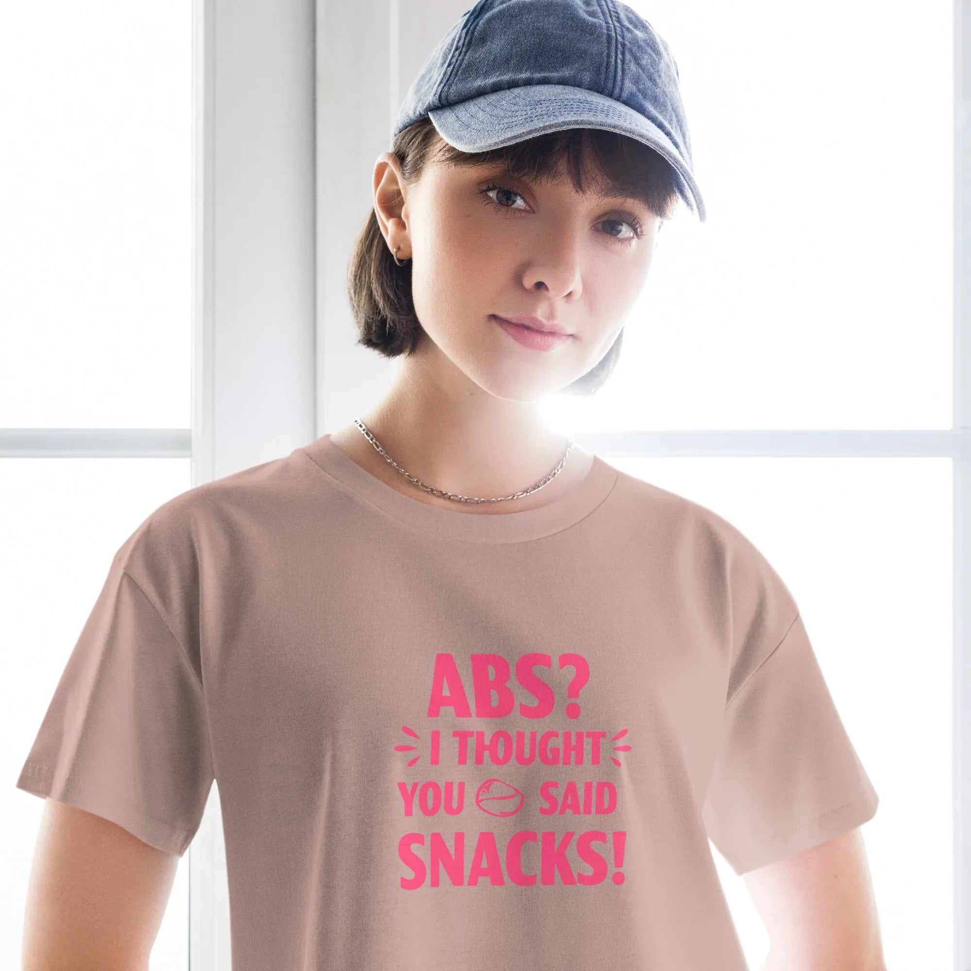 Women’s Crop Top | ABS? I Thought You Said Snacks! Crop Tops AwRans Clothing womens-crop-top-hazy-pink-front-67c0ccc7df77e