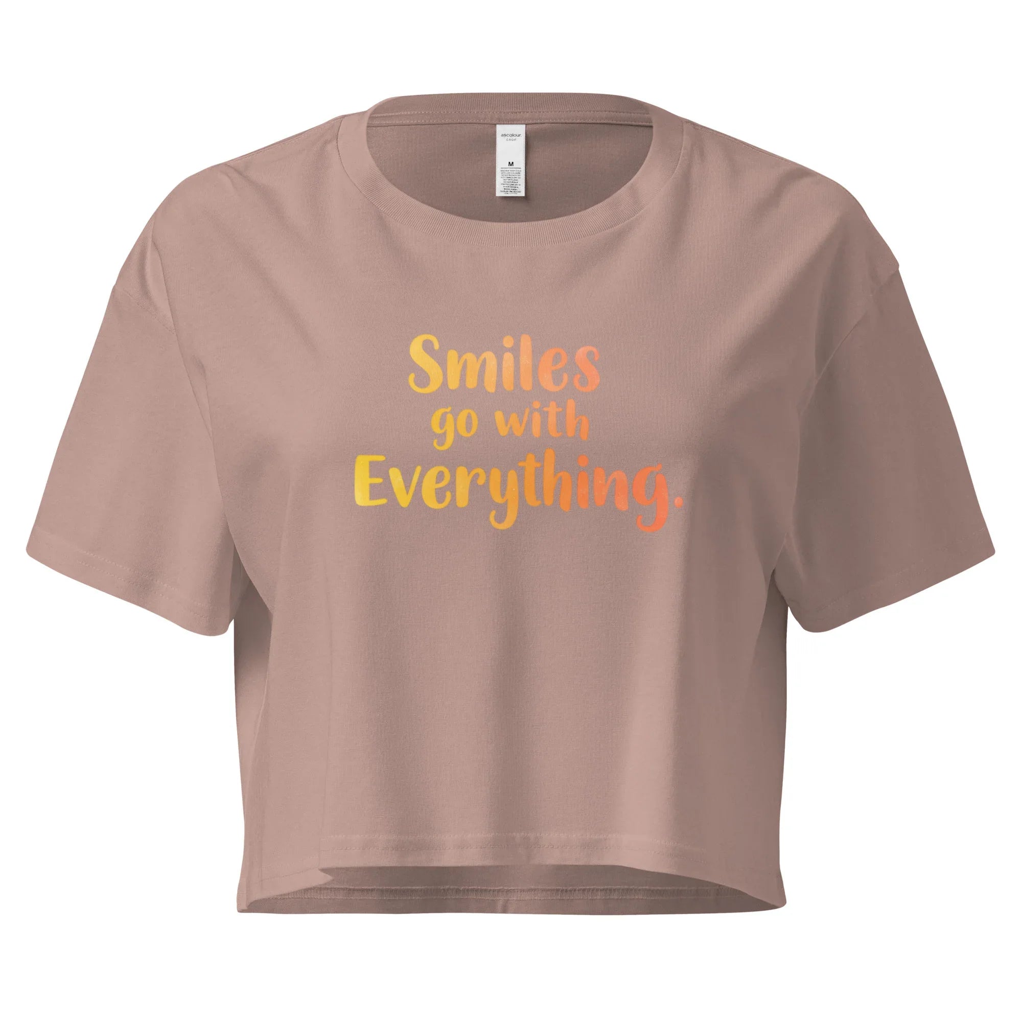 Women’s Crop Top | Smiles Go With Everything. Hazy Pink Crop Tops AwRans Clothing womens-crop-top-hazy-pink-front-67c0d487ab96c
