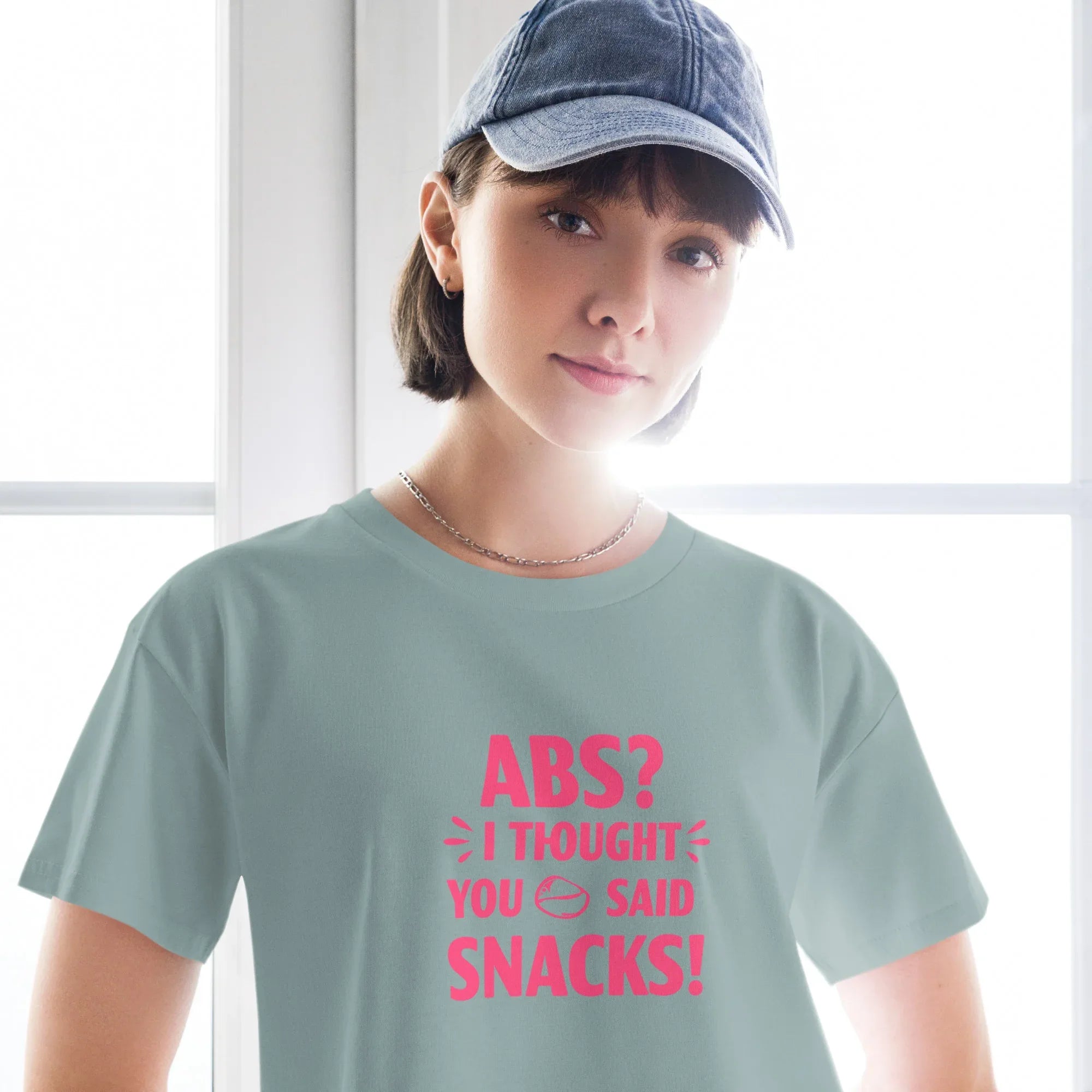 Women’s Crop Top | ABS? I Thought You Said Snacks! Crop Tops AwRans Clothing womens-crop-top-mineral-front-67c0ccc7de1c0