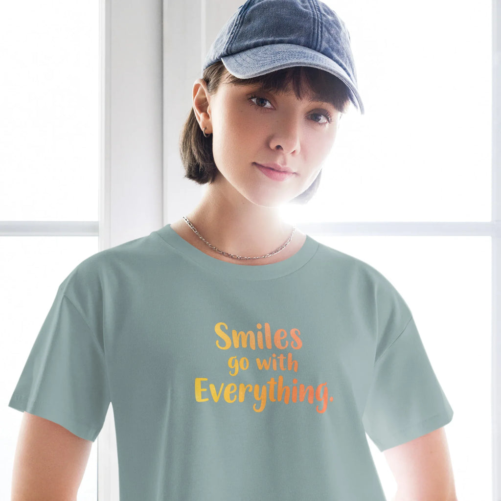 Women’s Crop Top | Smiles Go With Everything. Crop Tops AwRans Clothing womens-crop-top-mineral-front-67c0d4879f227
