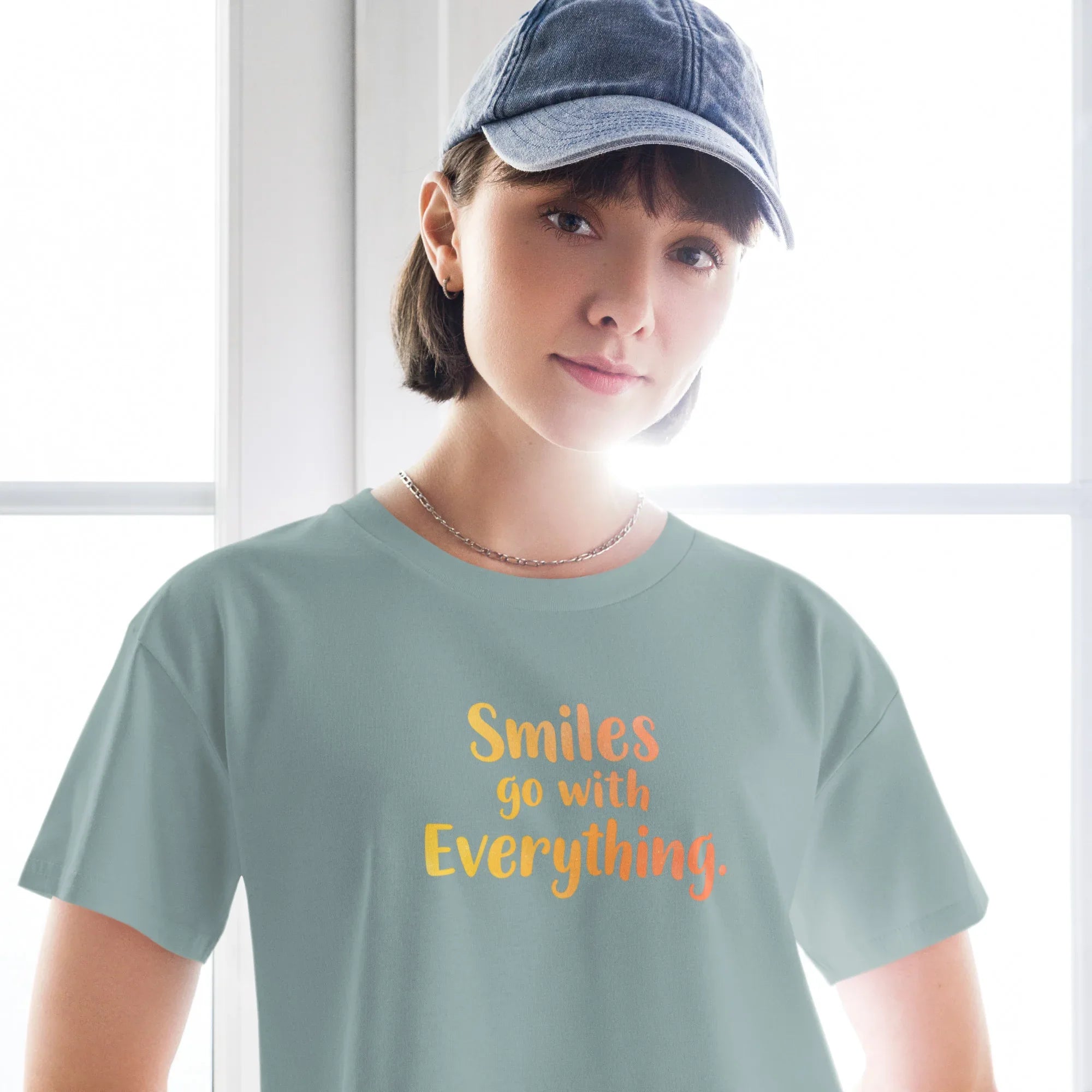 Women’s Crop Top | Smiles Go With Everything. Crop Tops AwRans Clothing womens-crop-top-mineral-front-67c0d4879f227