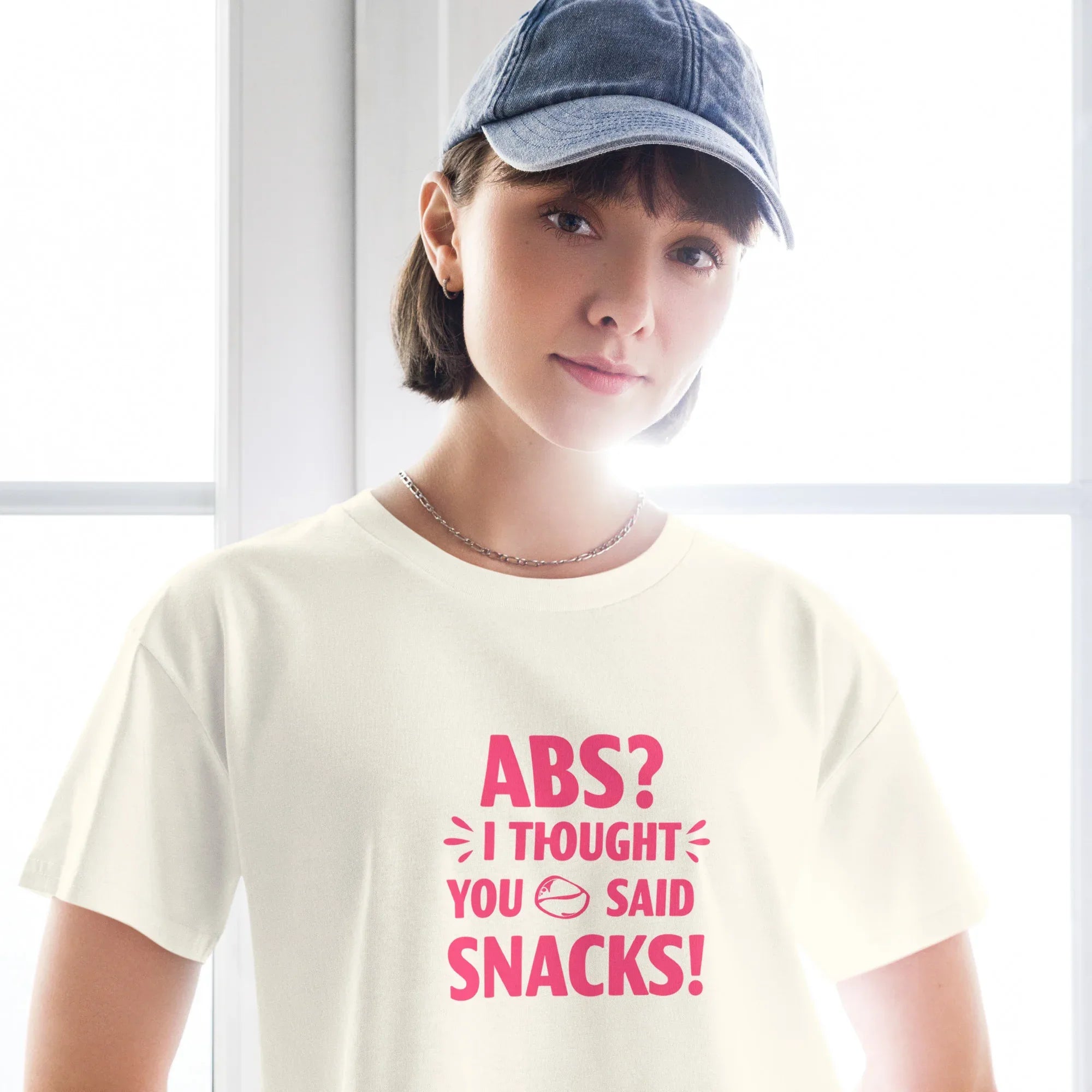 Women’s Crop Top | ABS? I Thought You Said Snacks! Crop Tops AwRans Clothing womens-crop-top-natural-front-67c0ccc7e9e6e