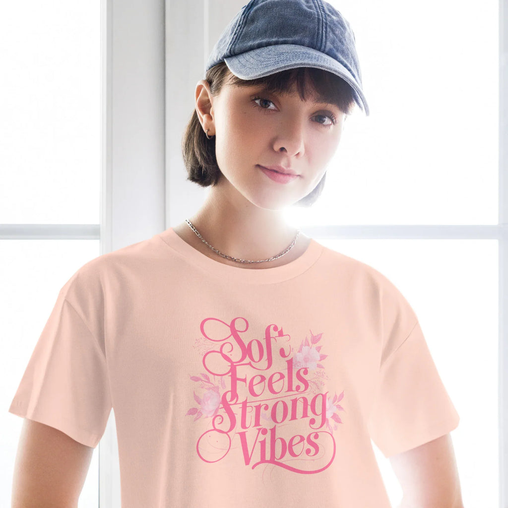 Women’s Crop Top | Soft Feels,Strong Vibes Crop Tops AwRans Clothing womens-crop-top-pale-pink-front-67be179698b4e