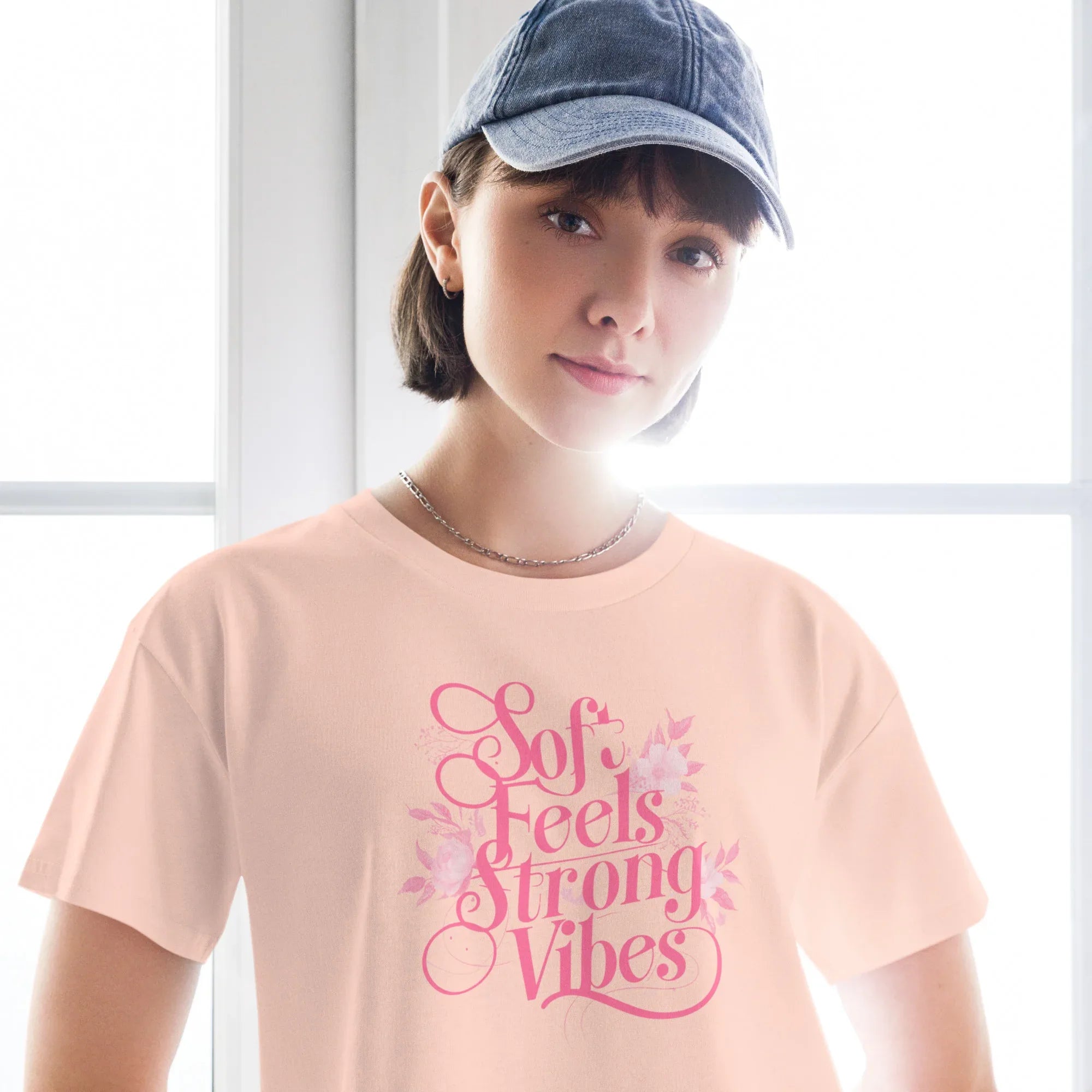 Women’s Crop Top | Soft Feels,Strong Vibes Crop Tops AwRans Clothing womens-crop-top-pale-pink-front-67be179698b4e