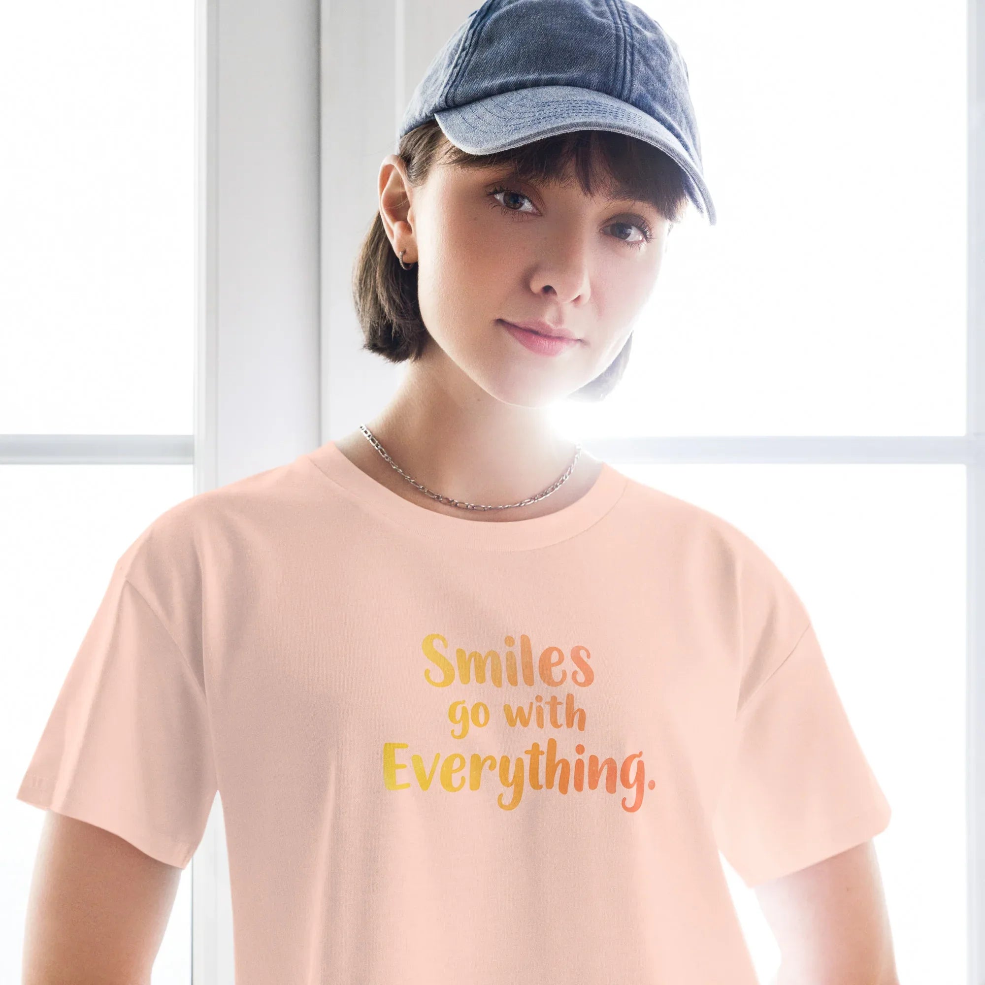Women’s Crop Top | Smiles Go With Everything. Crop Tops AwRans Clothing womens-crop-top-pale-pink-front-67c0d487a2893