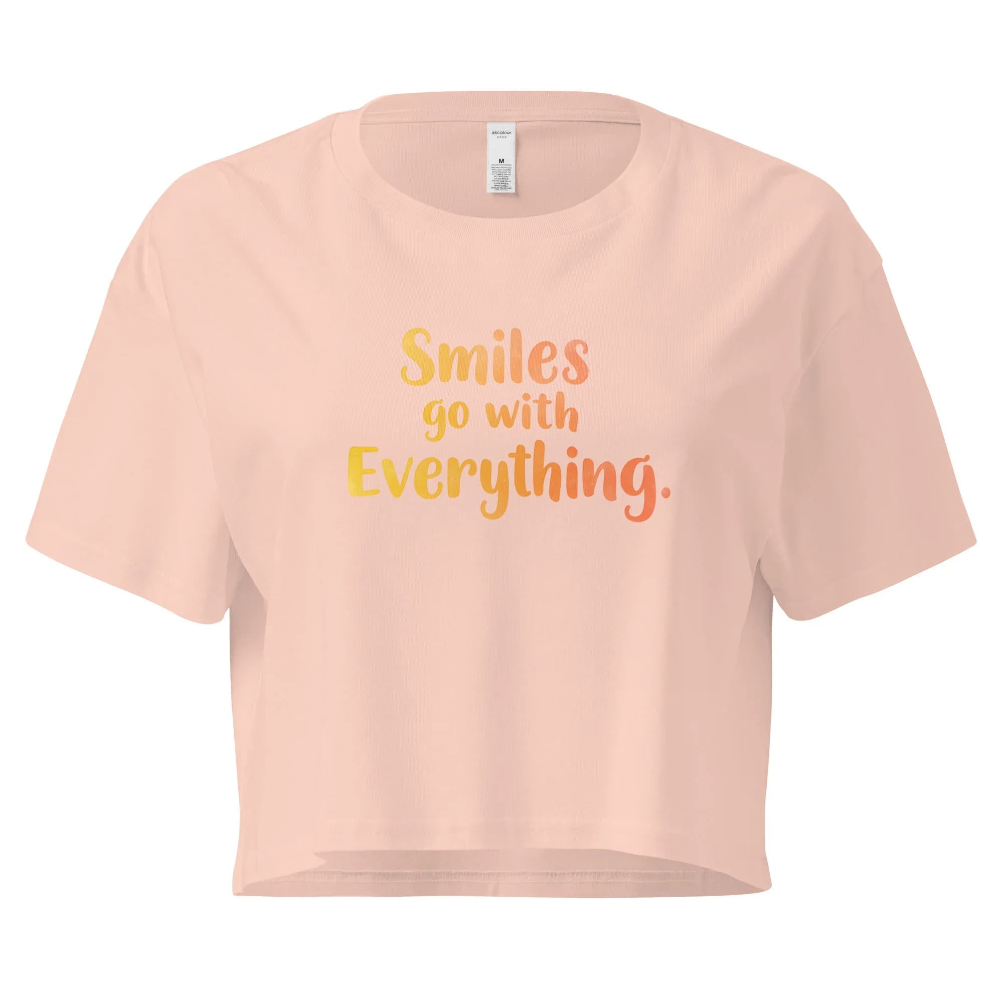 Women’s Crop Top | Smiles Go With Everything. Pale Pink Crop Tops AwRans Clothing womens-crop-top-pale-pink-front-67c0d487acf21
