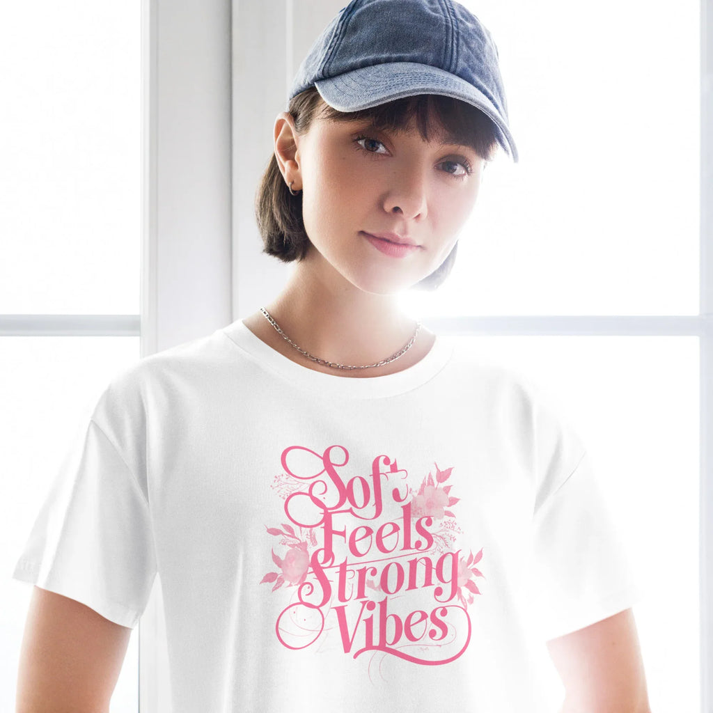 Women’s Crop Top | Soft Feels,Strong Vibes Crop Tops AwRans Clothing womens-crop-top-white-front-67be17969f594