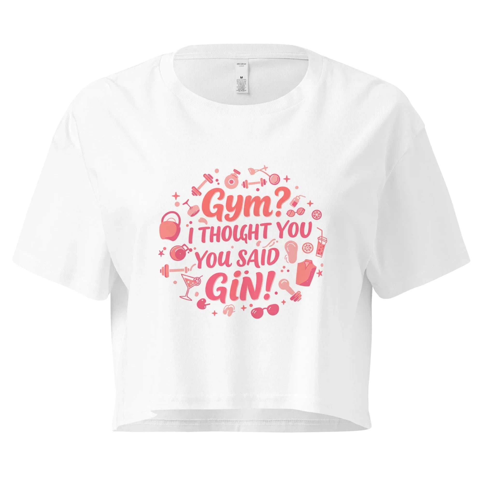 Women’s Crop Top | Gym? I Thought You Said Gin! White Crop Tops AwRans Clothing womens-crop-top-white-front-67c0cb4f8c66a