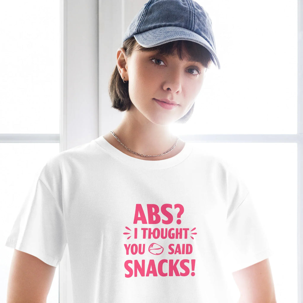 Women’s Crop Top | ABS? I Thought You Said Snacks! Crop Tops AwRans Clothing womens-crop-top-white-front-67c0ccc7ecbf3