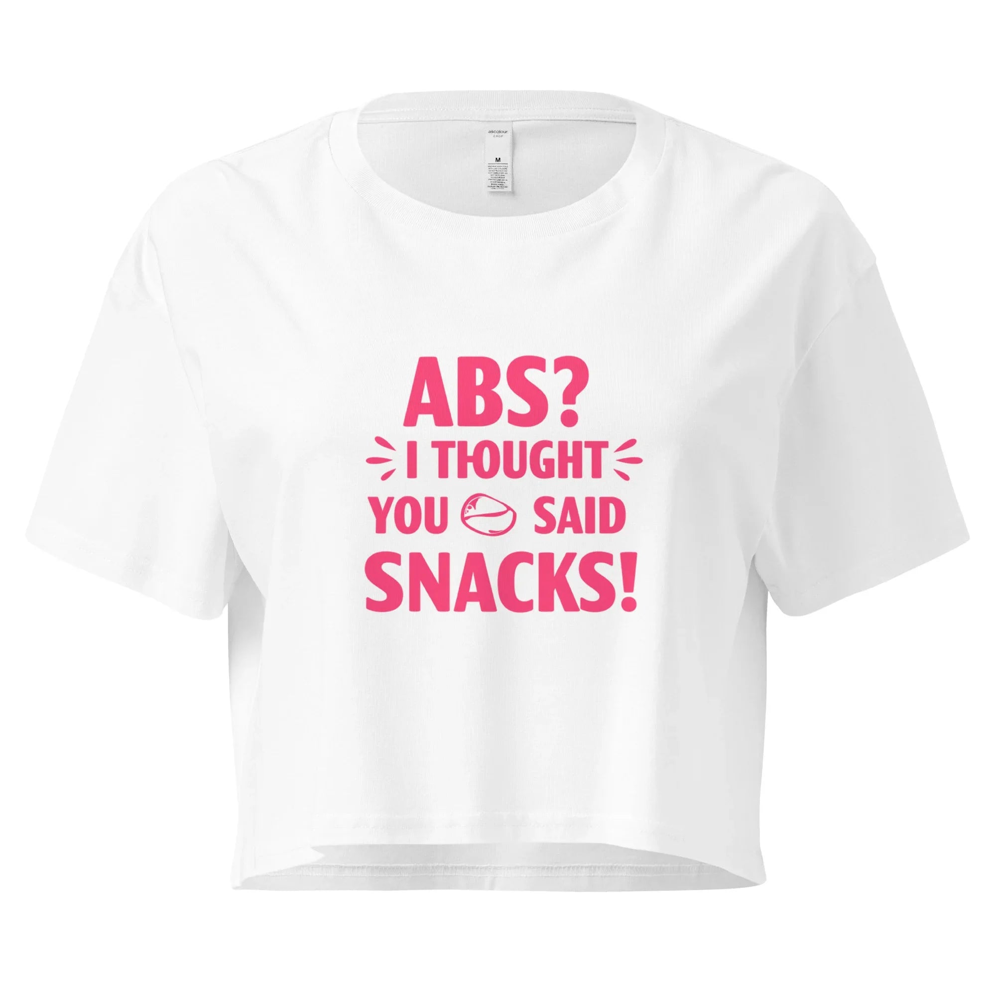 Women’s Crop Top | ABS? I Thought You Said Snacks! White Crop Tops AwRans Clothing womens-crop-top-white-front-67c0ccc804826